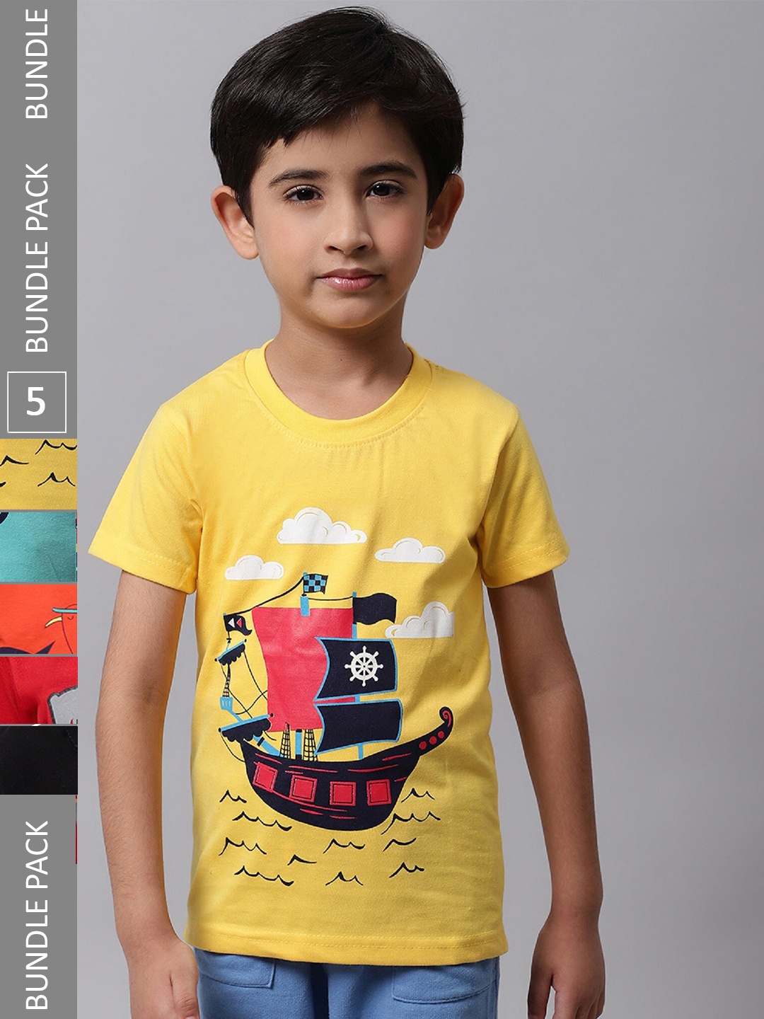 

BAESD Boys Pack Of 5 Graphic Printed Cotton T-shirt, Yellow