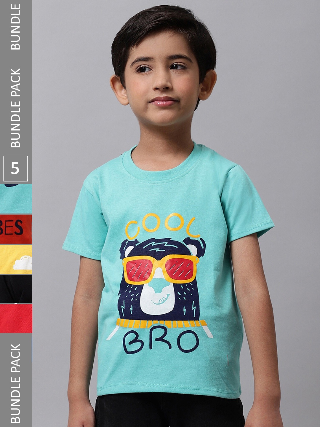 

BAESD Boys Pack Of 5 Graphic Printed Cotton T-Shirt, Turquoise blue