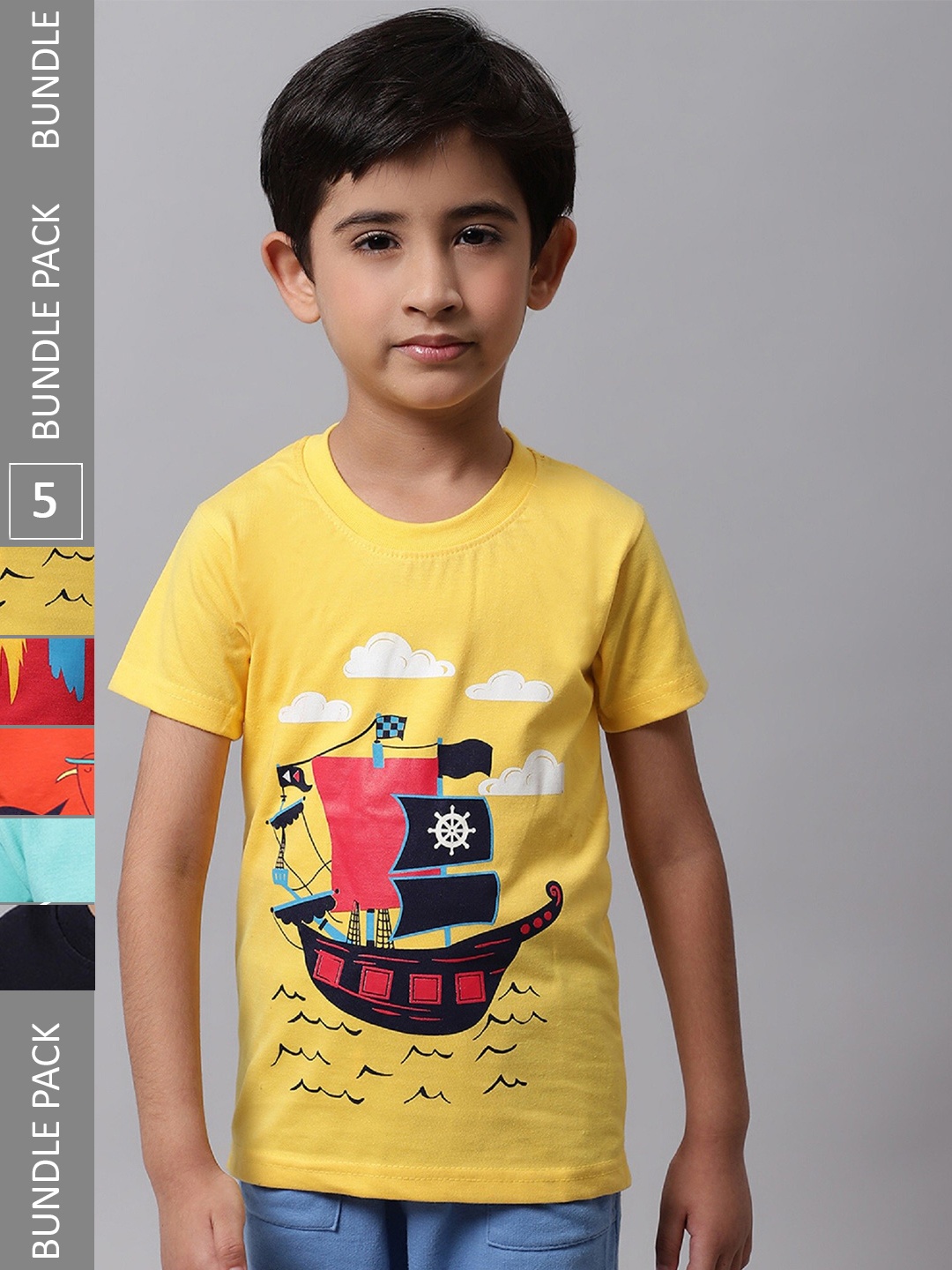 

BAESD Boys Pack of 5 Graphic Printed Cotton T-Shirts, Yellow