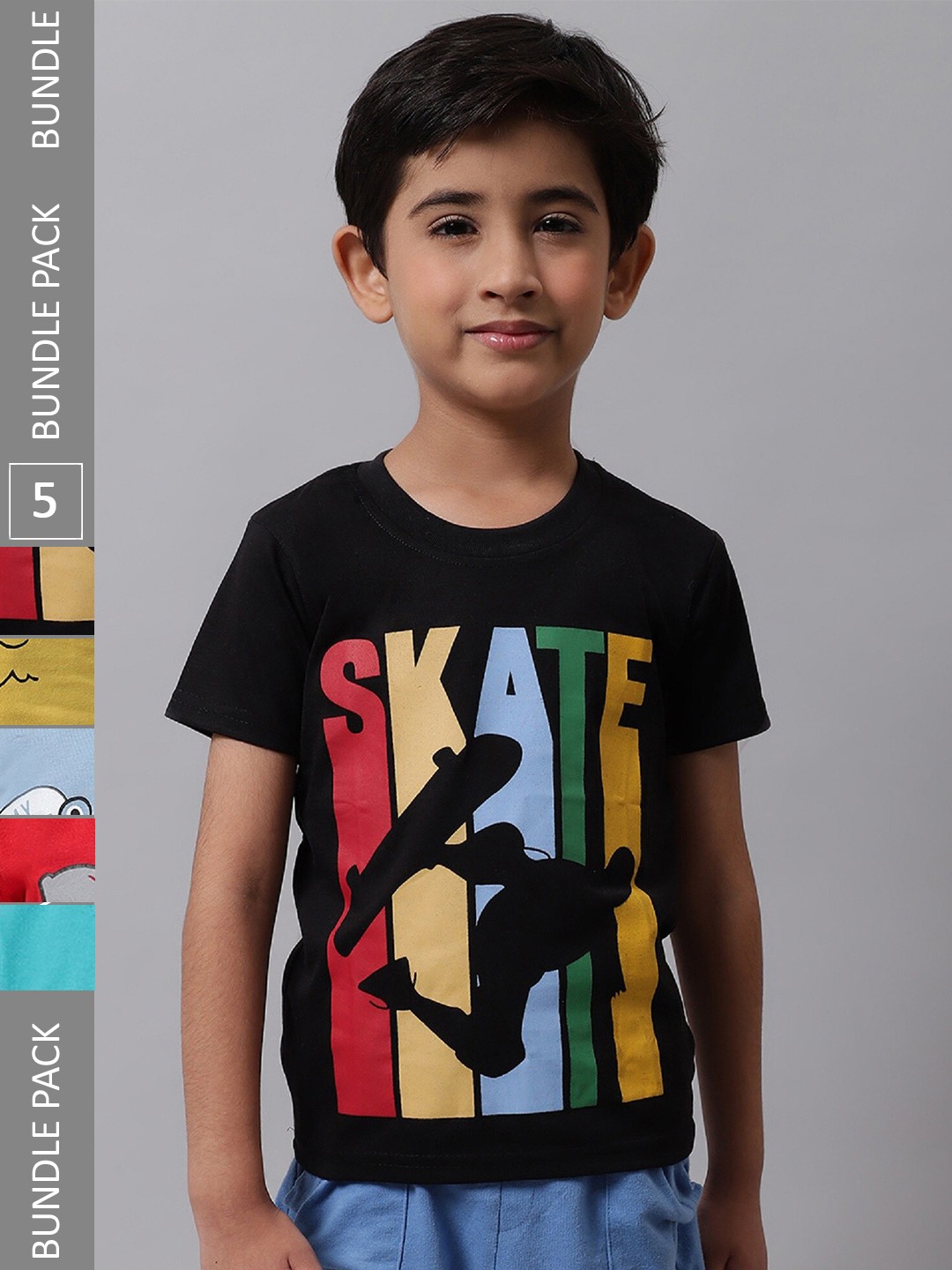 

BAESD Boys Pack Of 5 Typography Printed Cotton T-shirt, Black