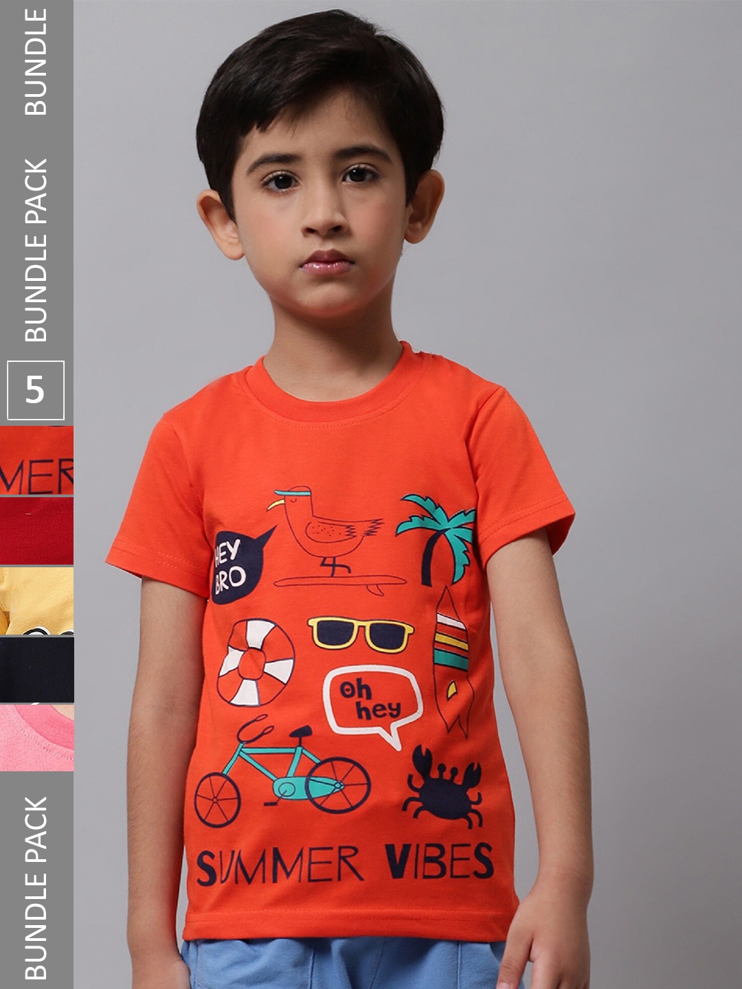

BAESD Boys Pack of 5 Graphic Printed Cotton T-Shirt, Orange