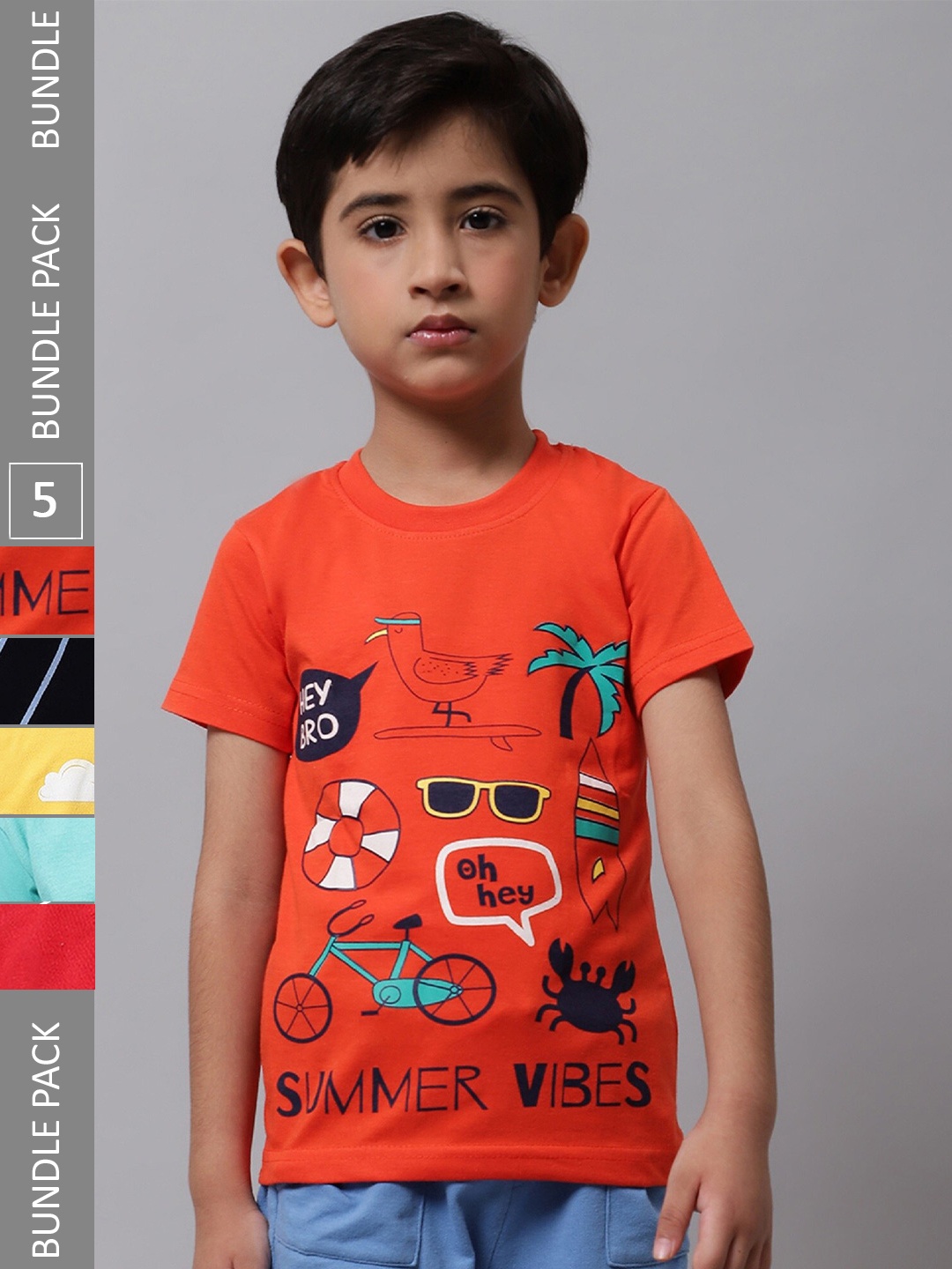 

BAESD Boys Pack Of 5 Printed Cotton T-shirts, Orange