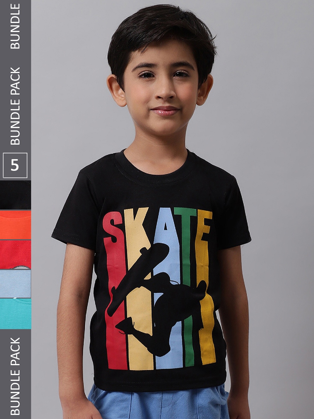 

BAESD Boys Pack Of 5 Printed Cotton T-shirt, Black