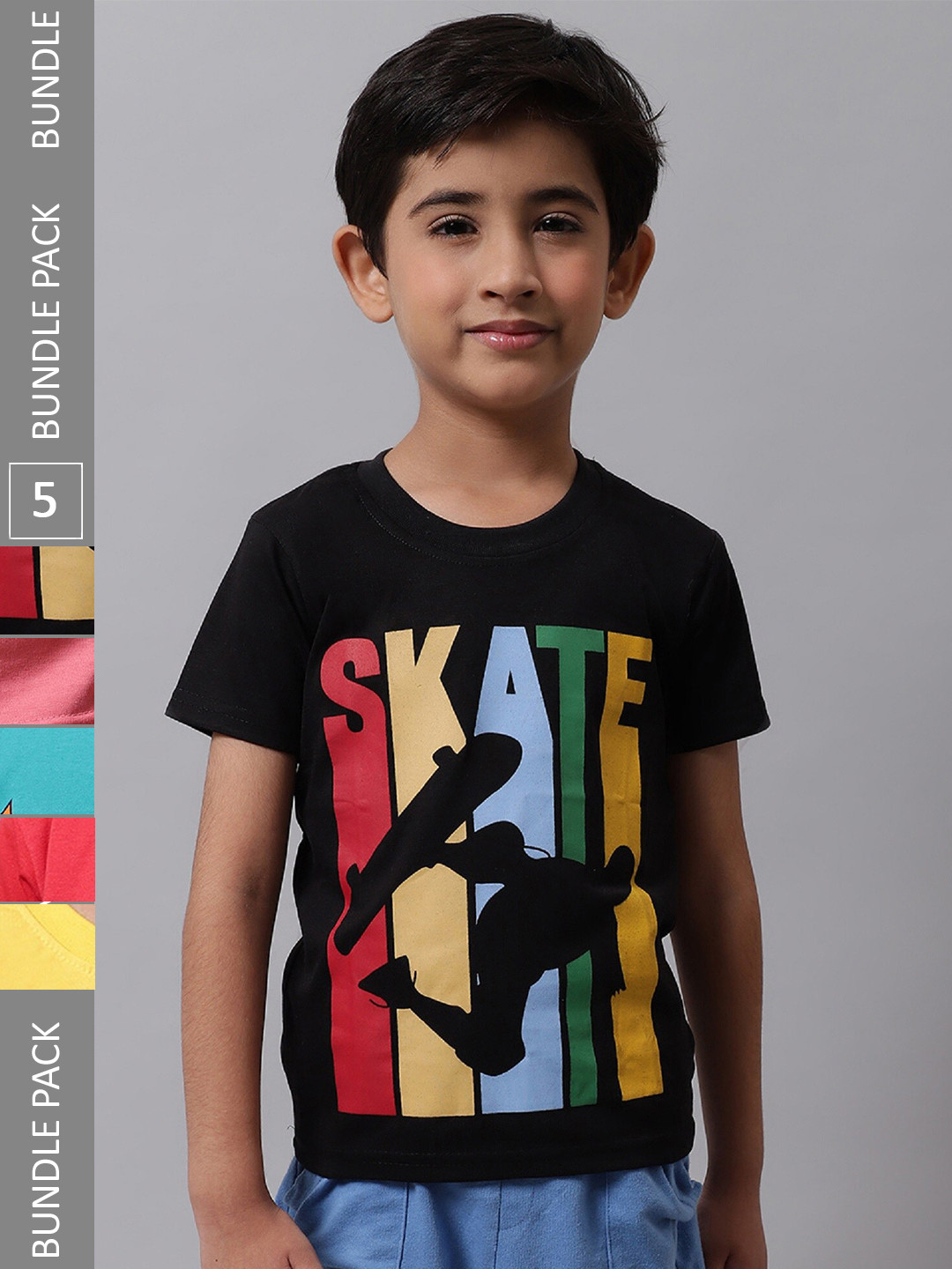 

BAESD Boys Pack Of 5 Graphic Printed Cotton T-Shirts, Black