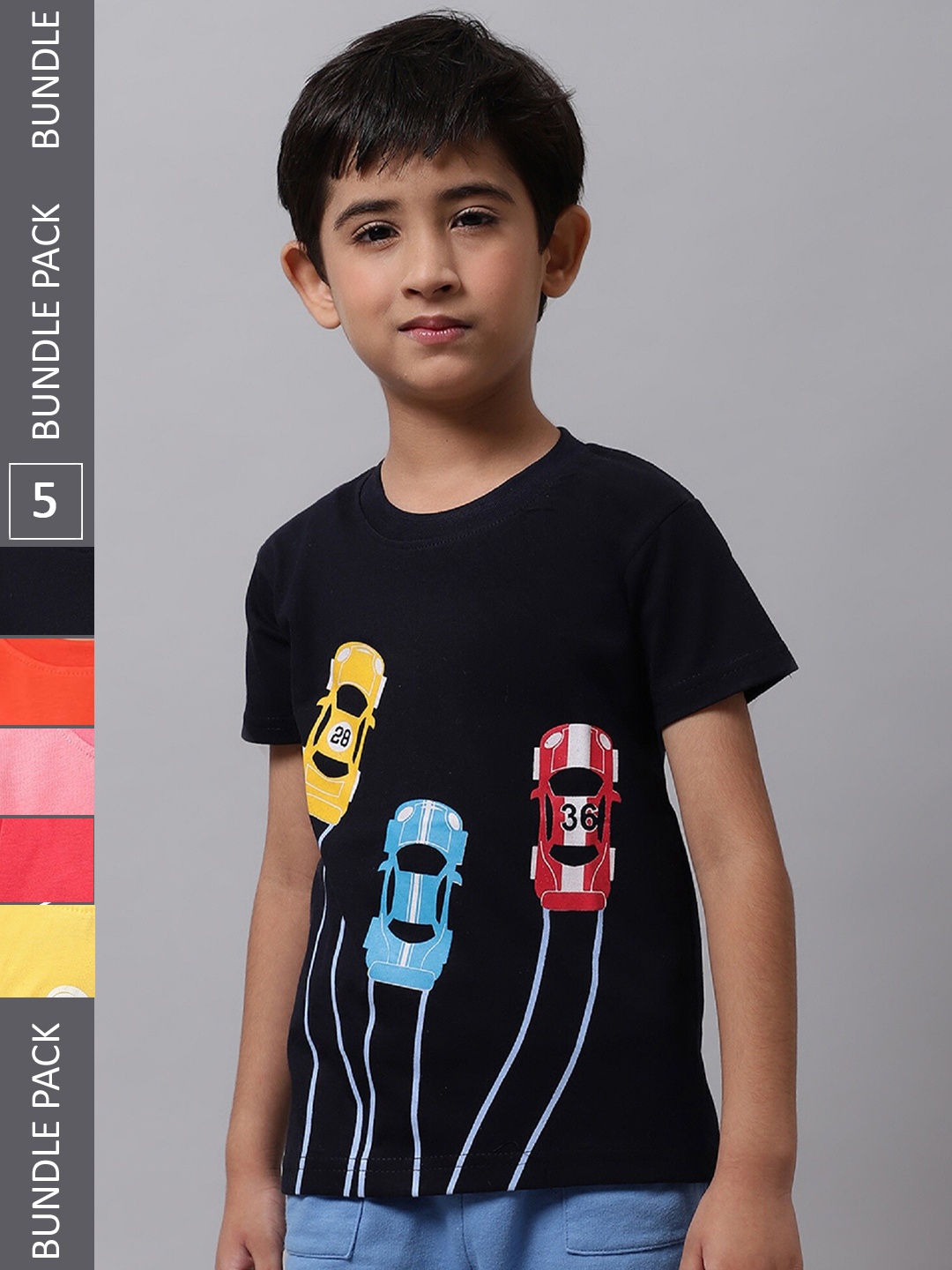 

BAESD Boys Pack Of 5 Printed Cotton T-Shirt, Navy blue