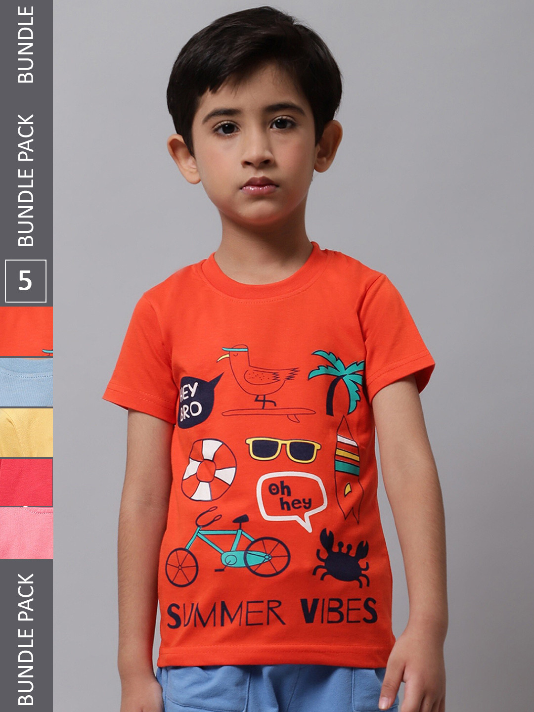 

BAESD Boys Pack Of 5 Printed Cotton T-Shirt, Orange