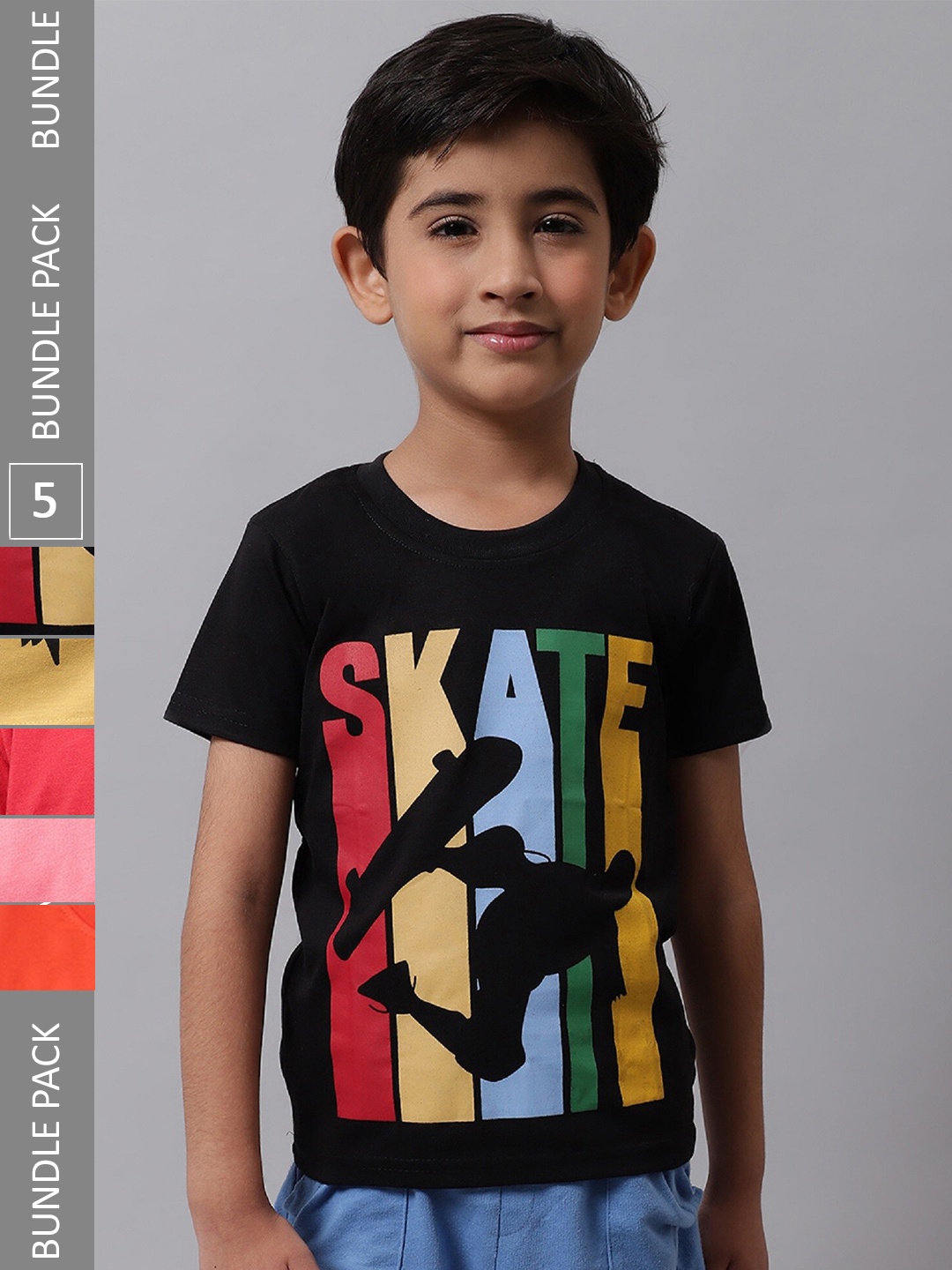 

BAESD Boys Pack Of 5 Typography Printed Cotton T-shirt, Black