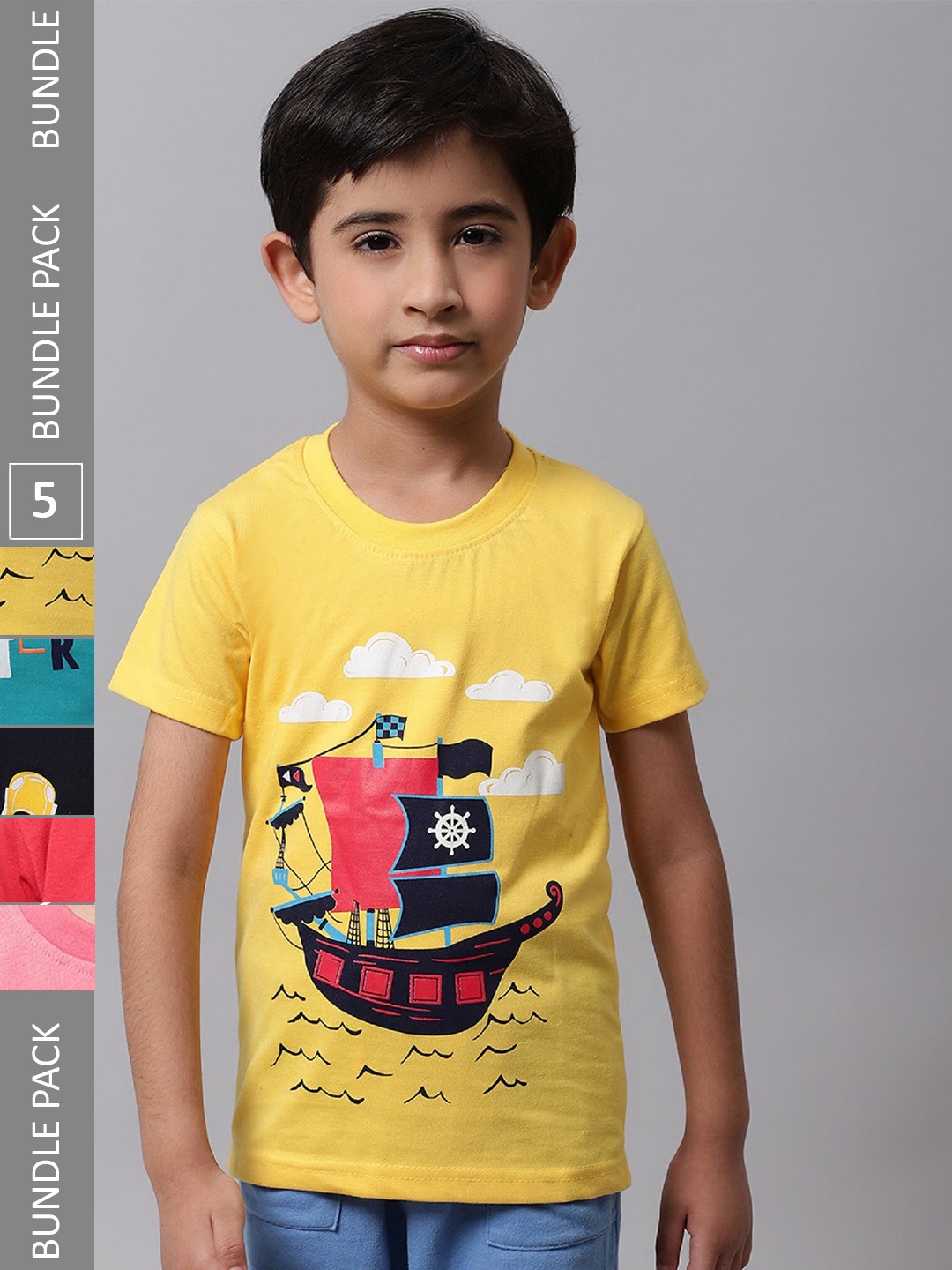 

BAESD Boys Pack Of 5 Graphic Printed Cotton T-shirts, Yellow