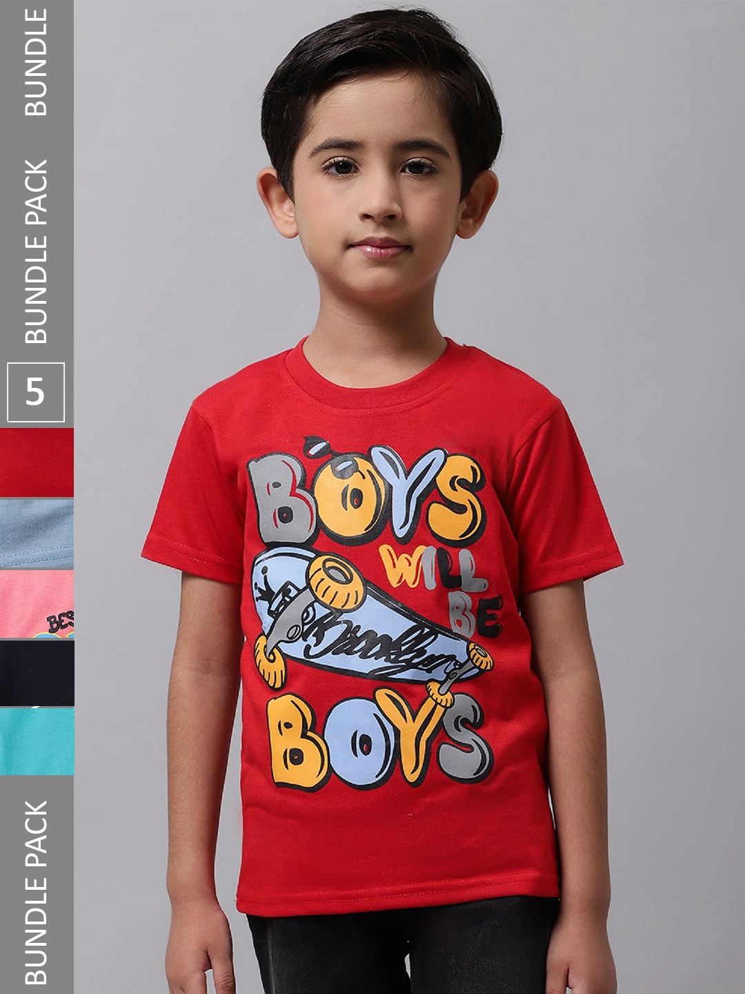 

BAESD Boys Pack Of 5 Typography Printed Cotton T-shirt, Red