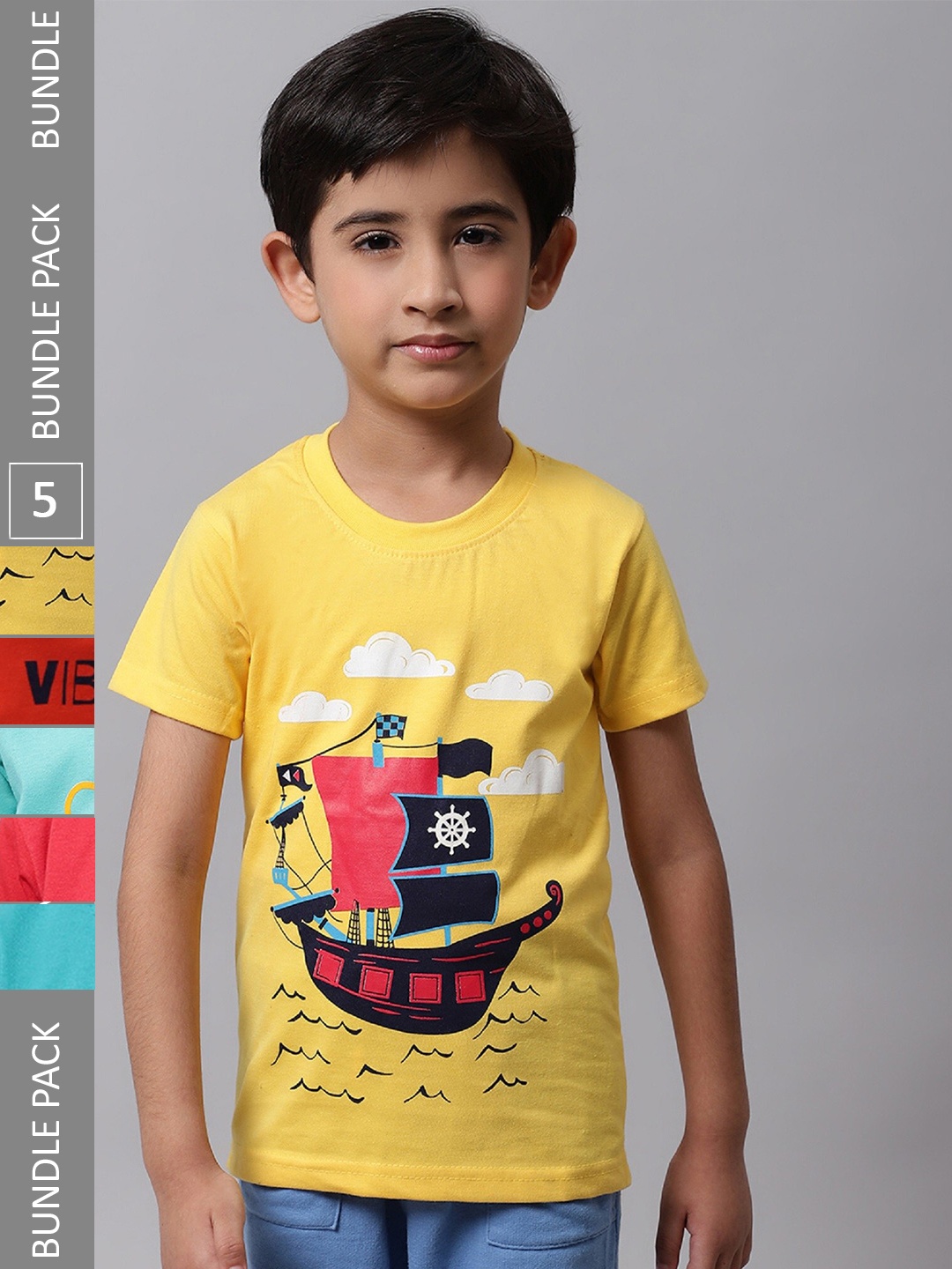 

BAESD Pack Of 5 Boys Graphic Printed Cotton Casual T Shirts, Yellow