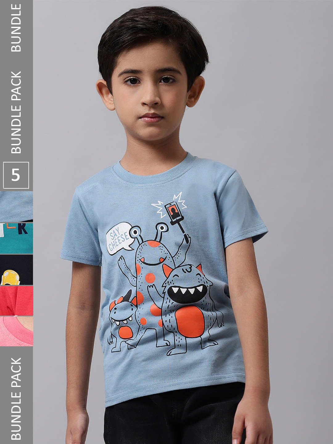 

BAESD Boys Pack Of 5 Typography Printed Cotton T-shirt, Grey