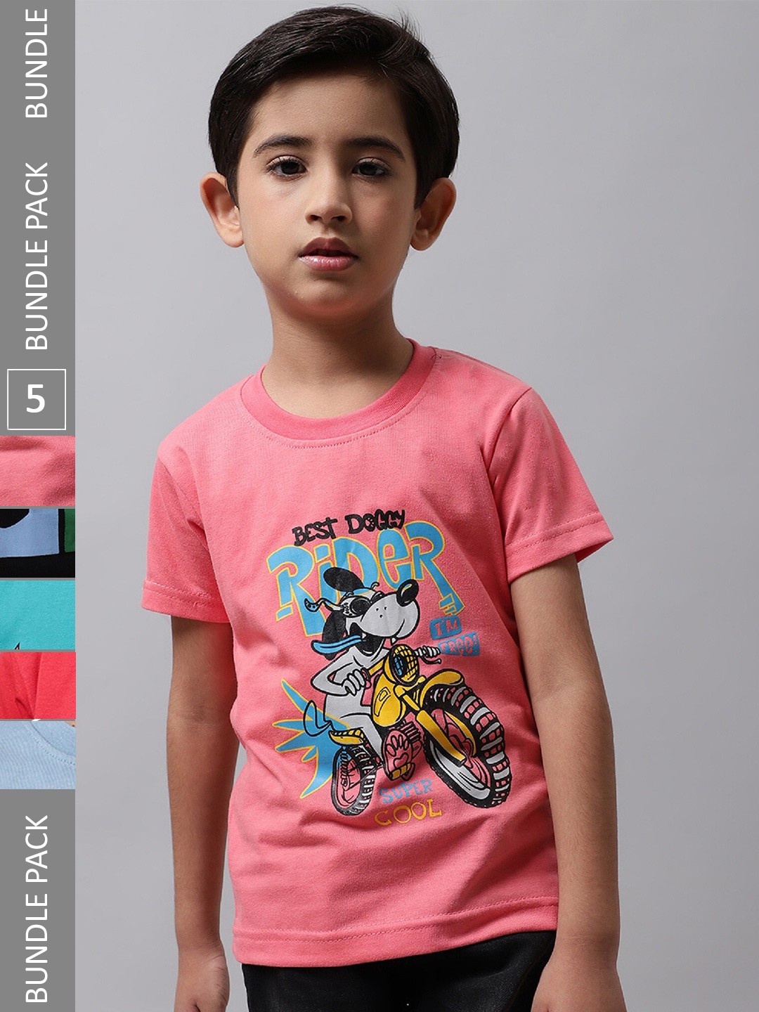 

BAESD Boys Pack Of 5 Graphic Printed Cotton T-shirts, Pink