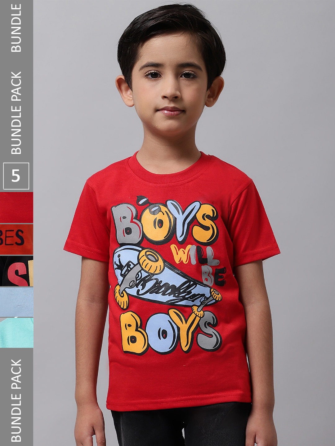 

BAESD Boys Pack Of 5 Graphic Printed Cotton T-shirt, Red