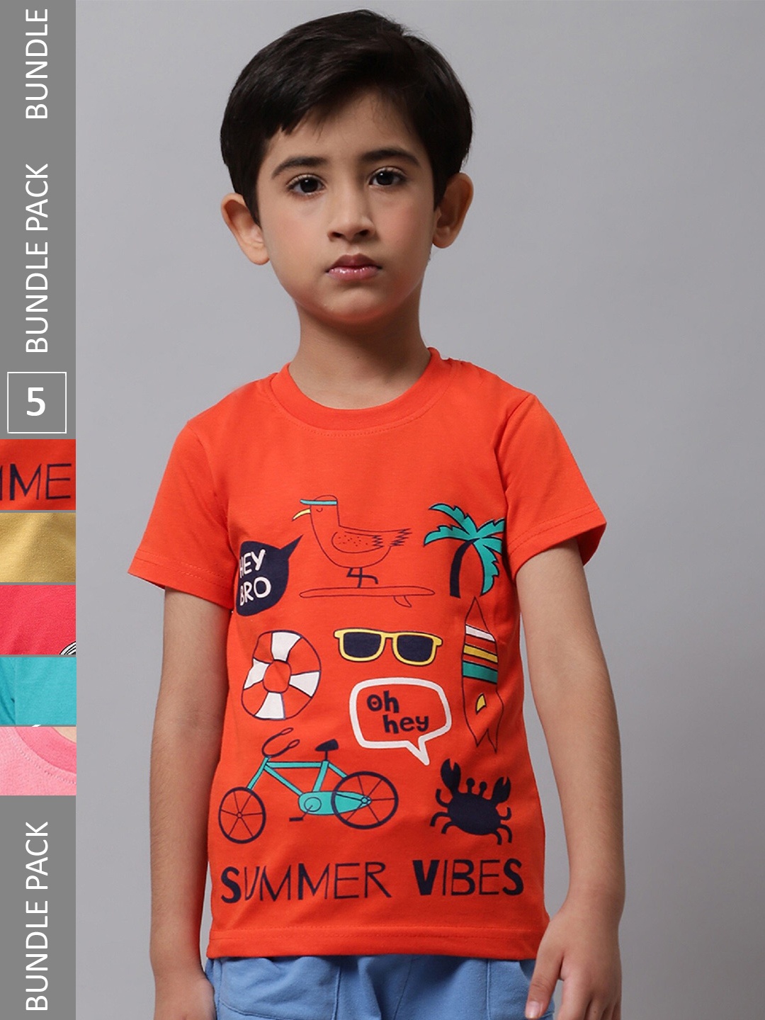 

BAESD Boys Pack Of 5 Printed Cotton Regular Fit T-shirts, Orange