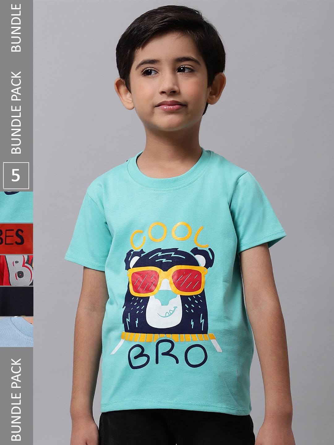 

BAESD Boys Pack Of 5 Graphic Printed Knitted Cotton T-Shirts, Sea green