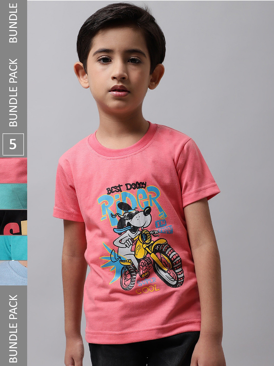 

BAESD Boys Pack of 5 Graphic Printed Cotton T-shirt, Pink