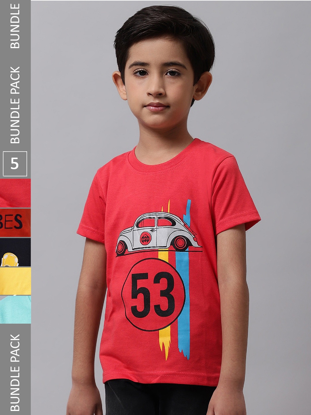 

BAESD Boys Pack of 5 Graphic Printed Cotton T-shirts, Red