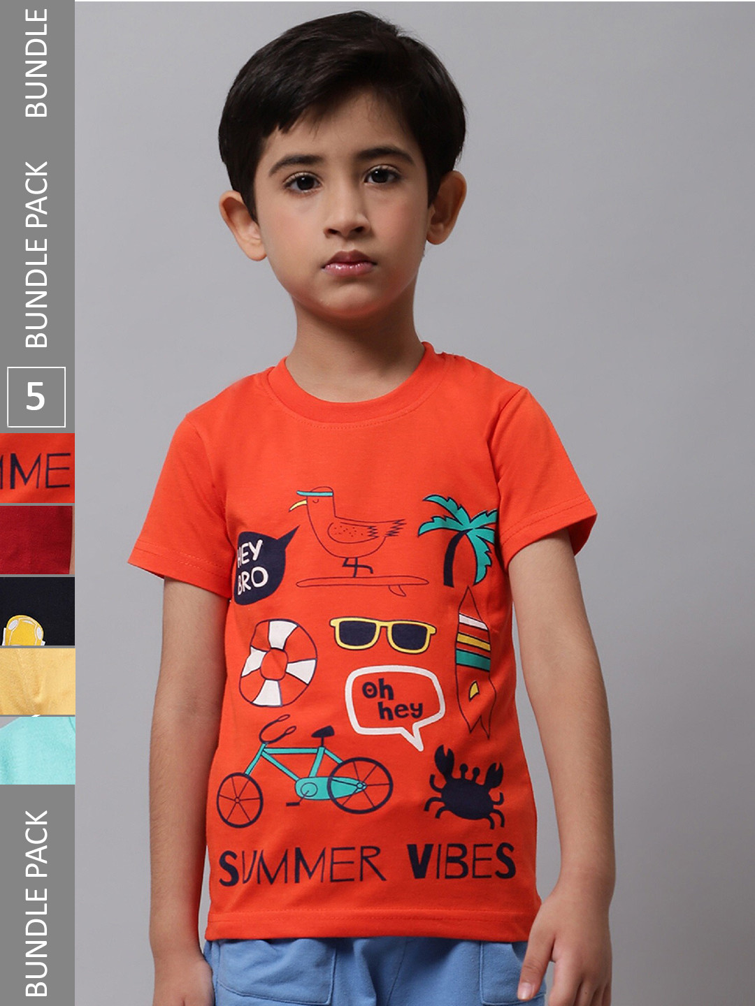 

BAESD Boys Pack Of 5 Conversational Printed Cotton T-shirt, Orange