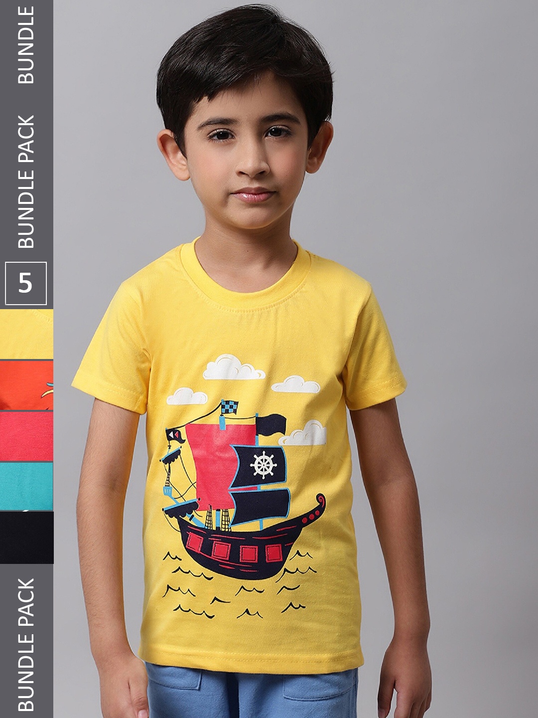 

BAESD Boys Pack Of 5 Printed Cotton T-shirts, Yellow