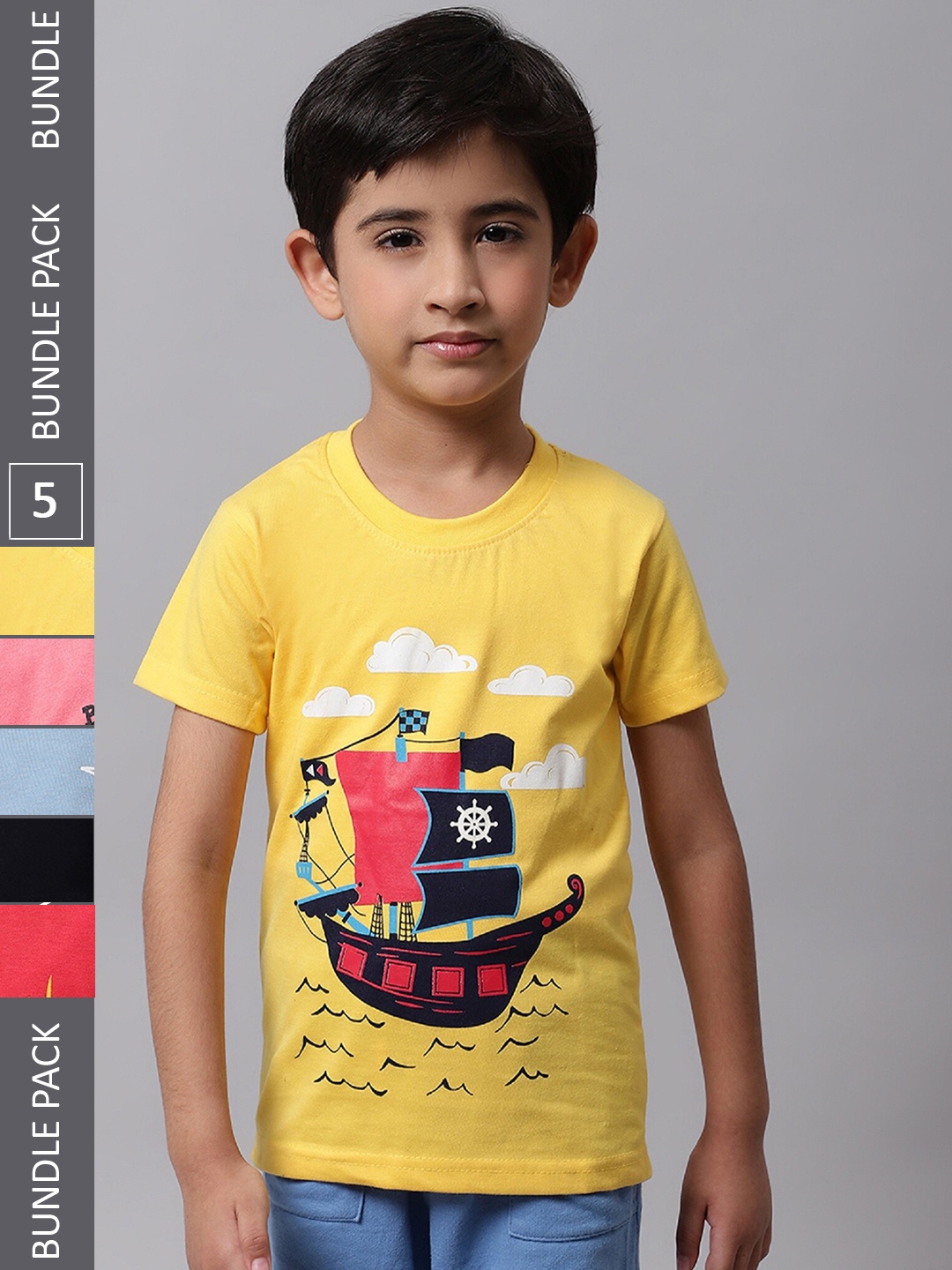 

BAESD Boys Pack Of 5 Graphic Printed Cotton T-shirts, Yellow