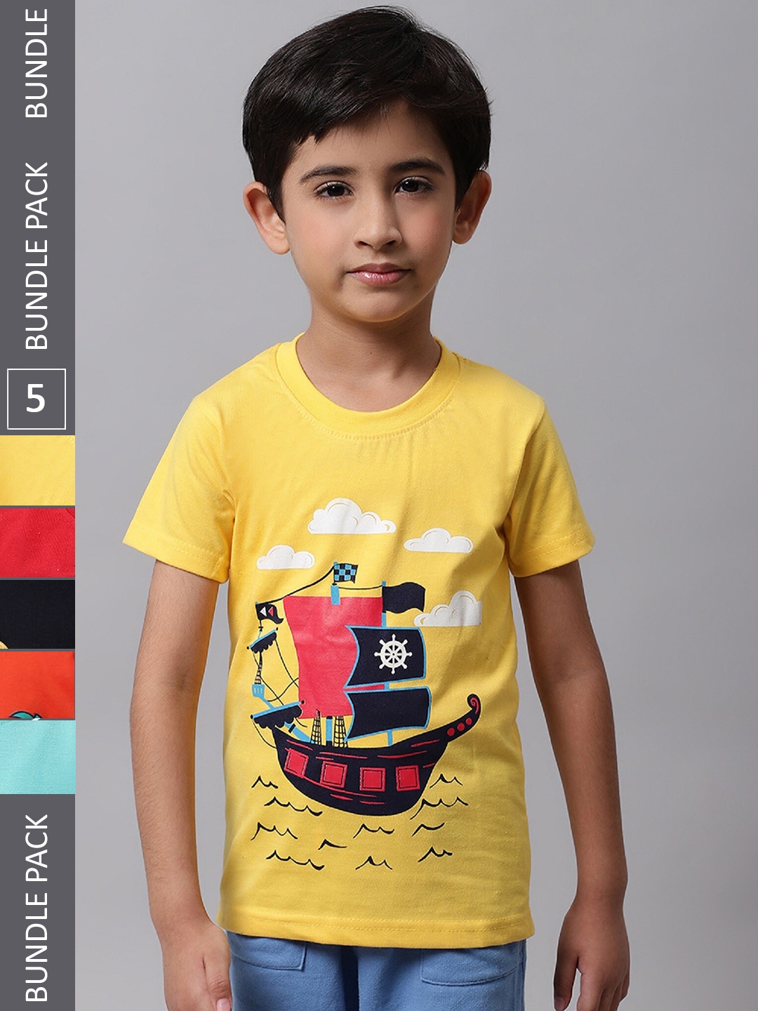 

BAESD Boys Pack of 5 Printed Cotton T-shirt, Yellow