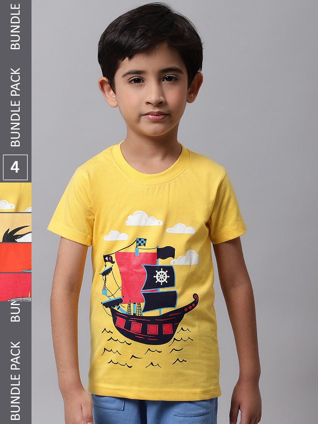 

BAESD Boys Pack Of 4 Graphic Printed Pure Cotton T-shirt, Yellow