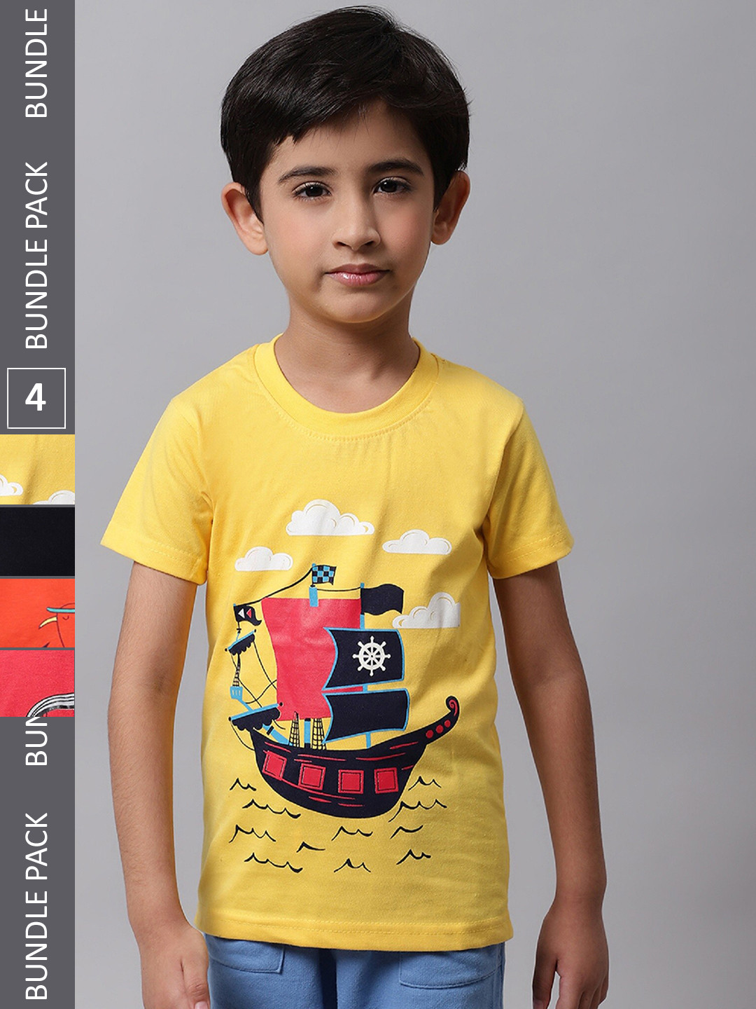 

BAESD Boys Pack Of 4 Graphic Printed Cotton T-shirt, Yellow
