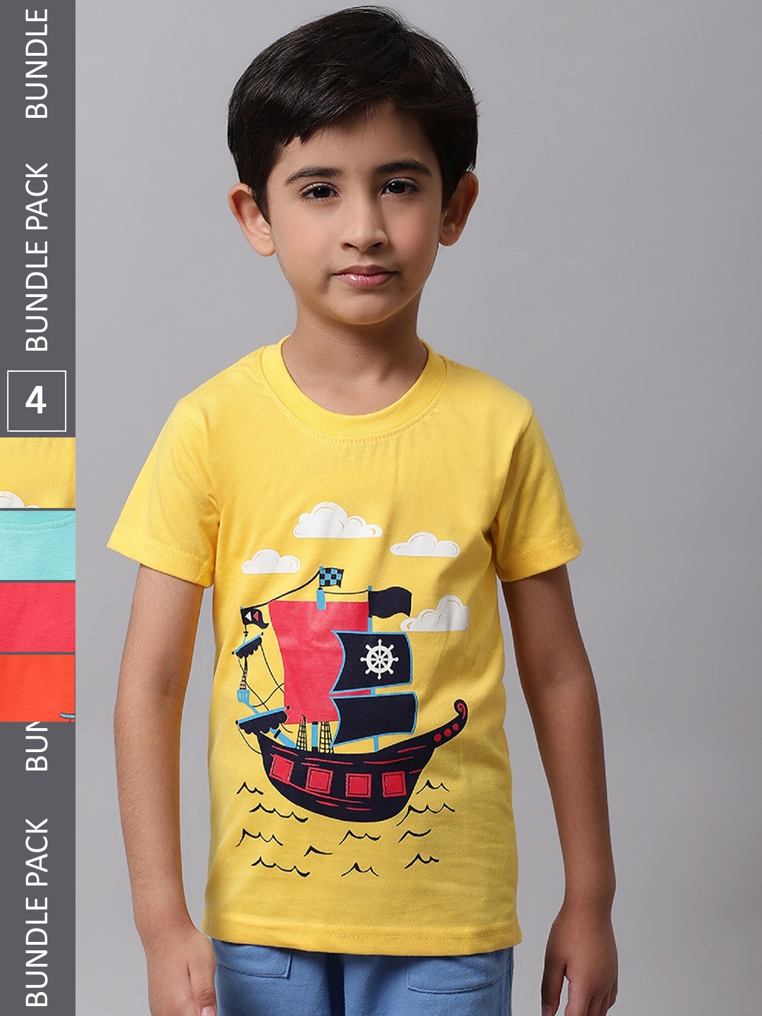 

BAESD Boys Pack Of 4 Graphic Printed Short Sleeves Cotton T-shirt, Yellow