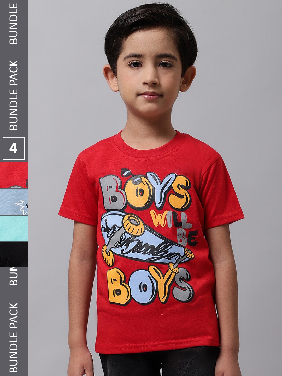 

BAESD Boys Pack Of 4 Typography Printed Cotton T-shirt, Red