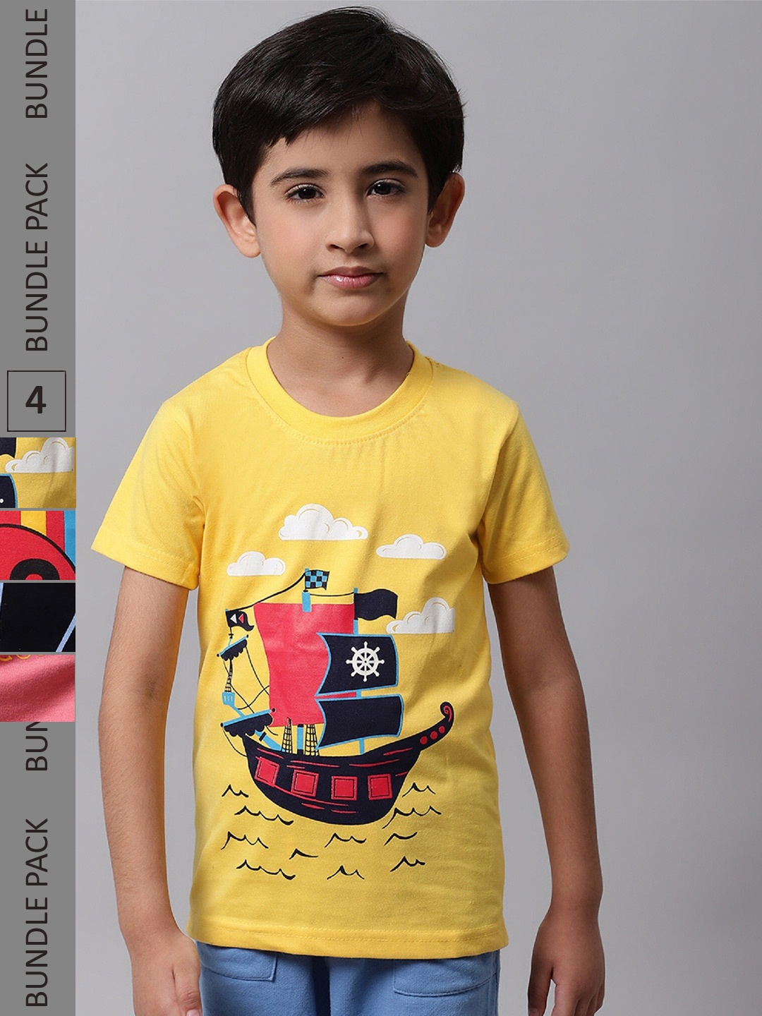 

BAESD Boys Pack Of 4 Typography Printed Cotton T-shirt, Yellow
