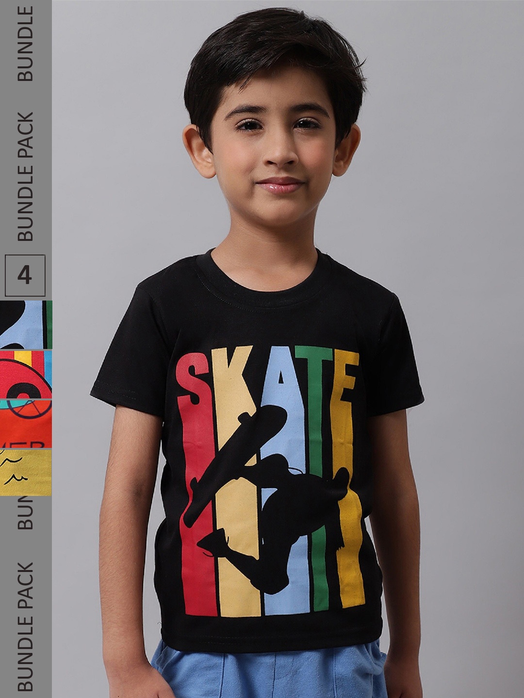 

BAESD Boys Pack Of 4 Typography Printed Cotton T-shirt, Black