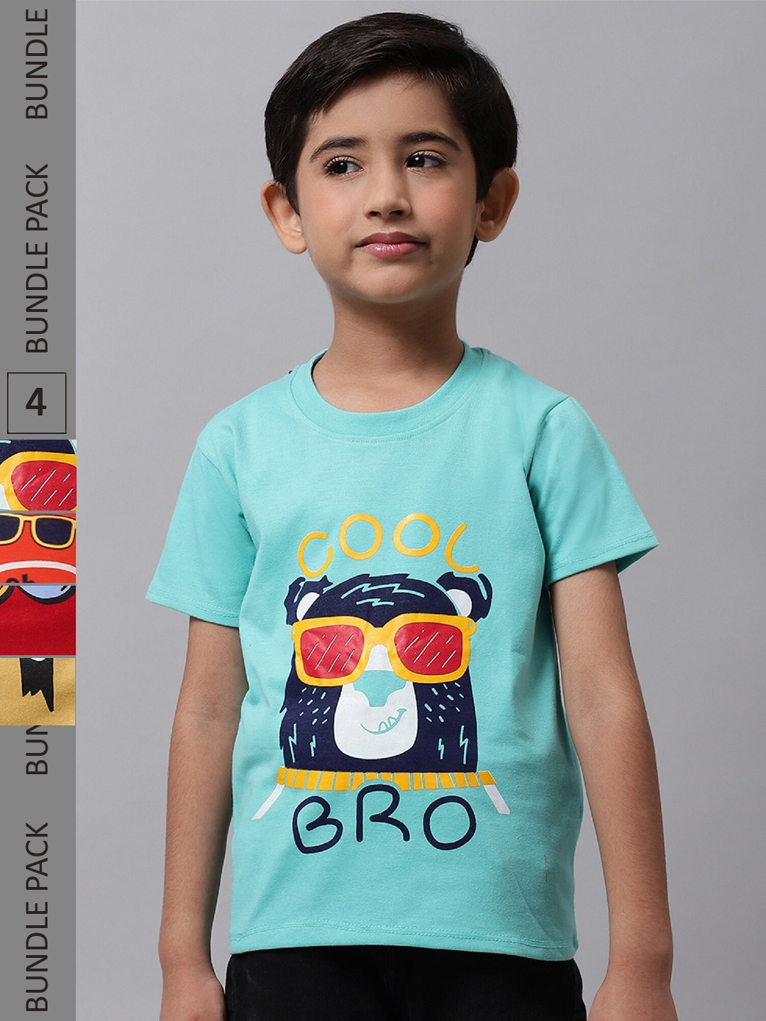 

BAESD Boys Pack Of 4 Conversational Printed Cotton T-shirt, Turquoise blue