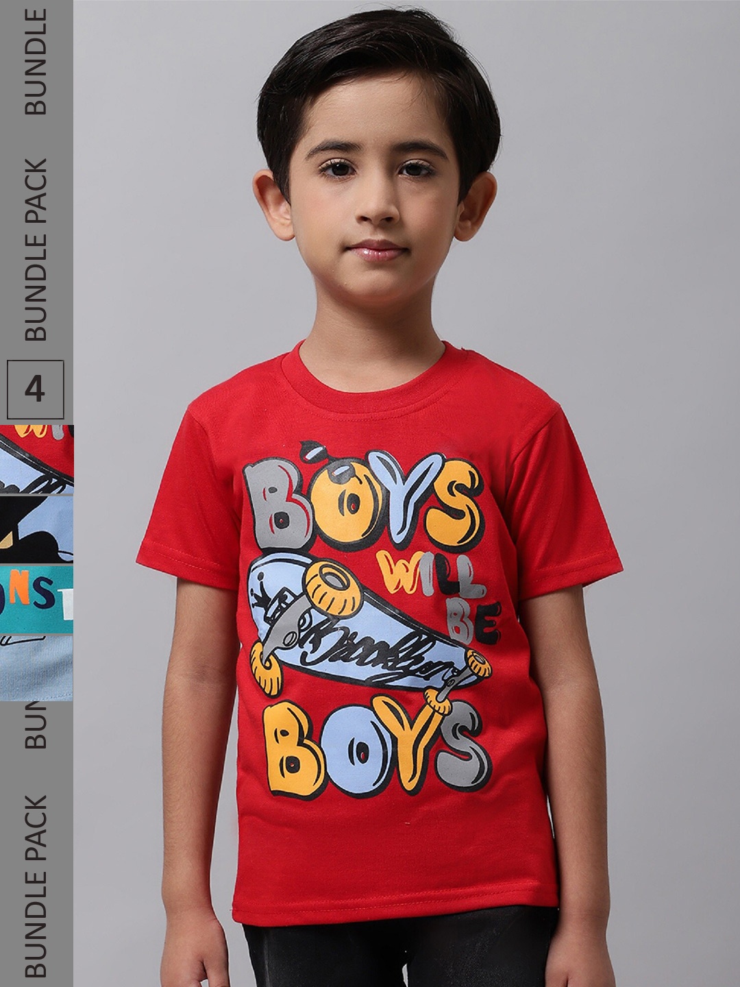

BAESD Boys Pack Of 4 Graphic Printed Cotton T-Shirt, Red