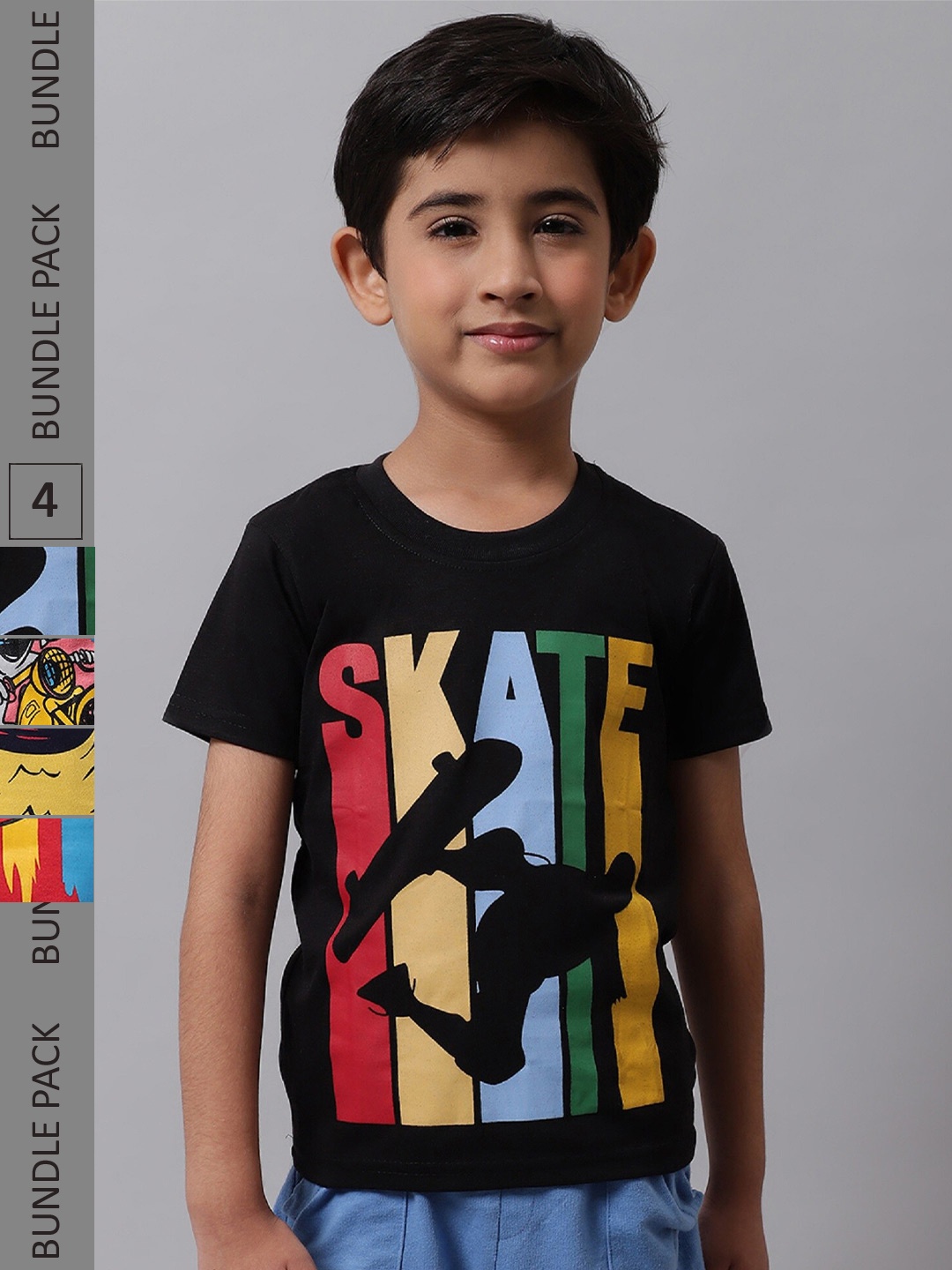 

BAESD Boys Pack Of 4 Typography Printed Cotton T-shirt, Black