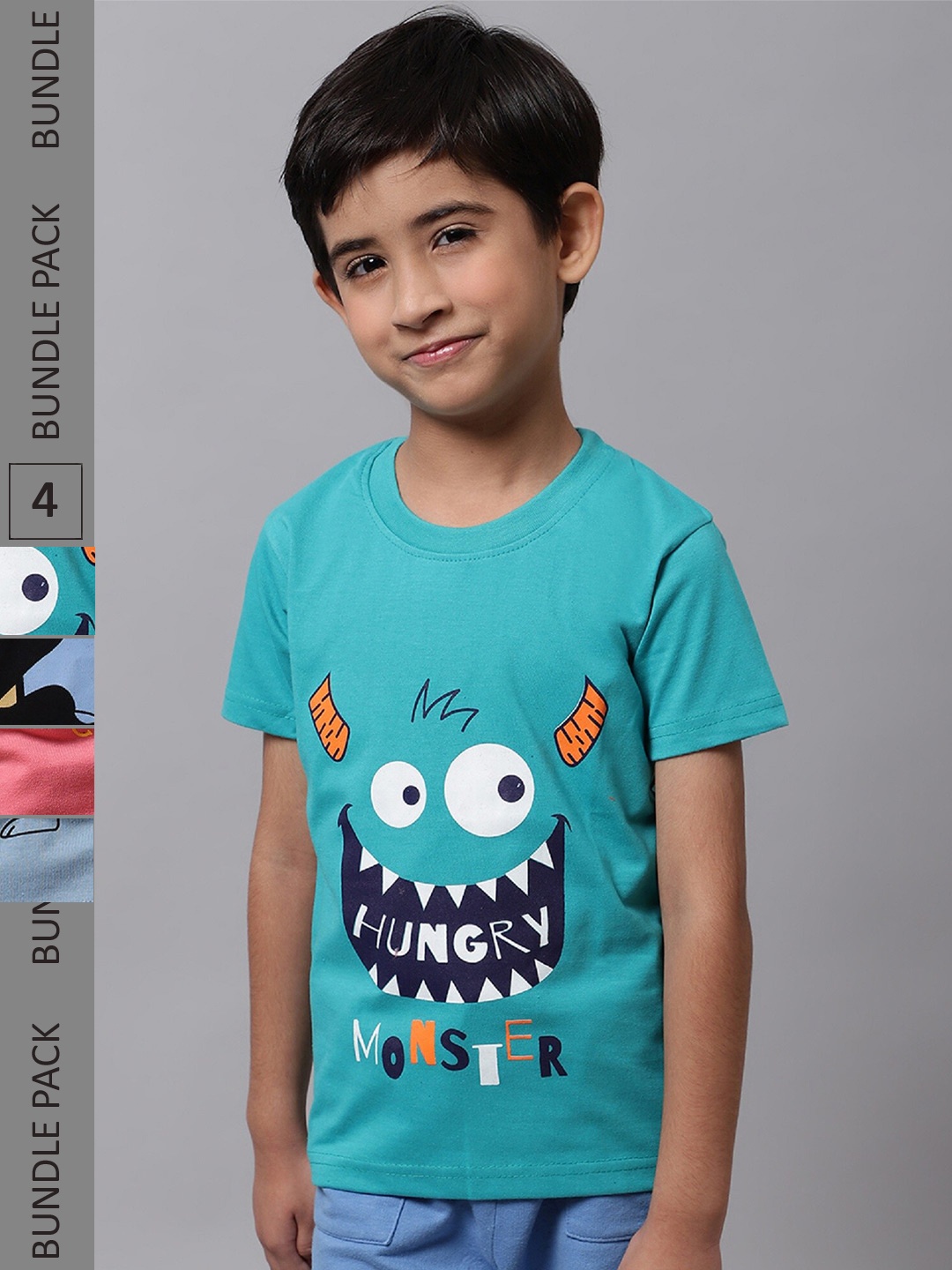 

BAESD Boys Pack Of 4 Graphic Printed Pure Cotton T-shirt, Turquoise blue