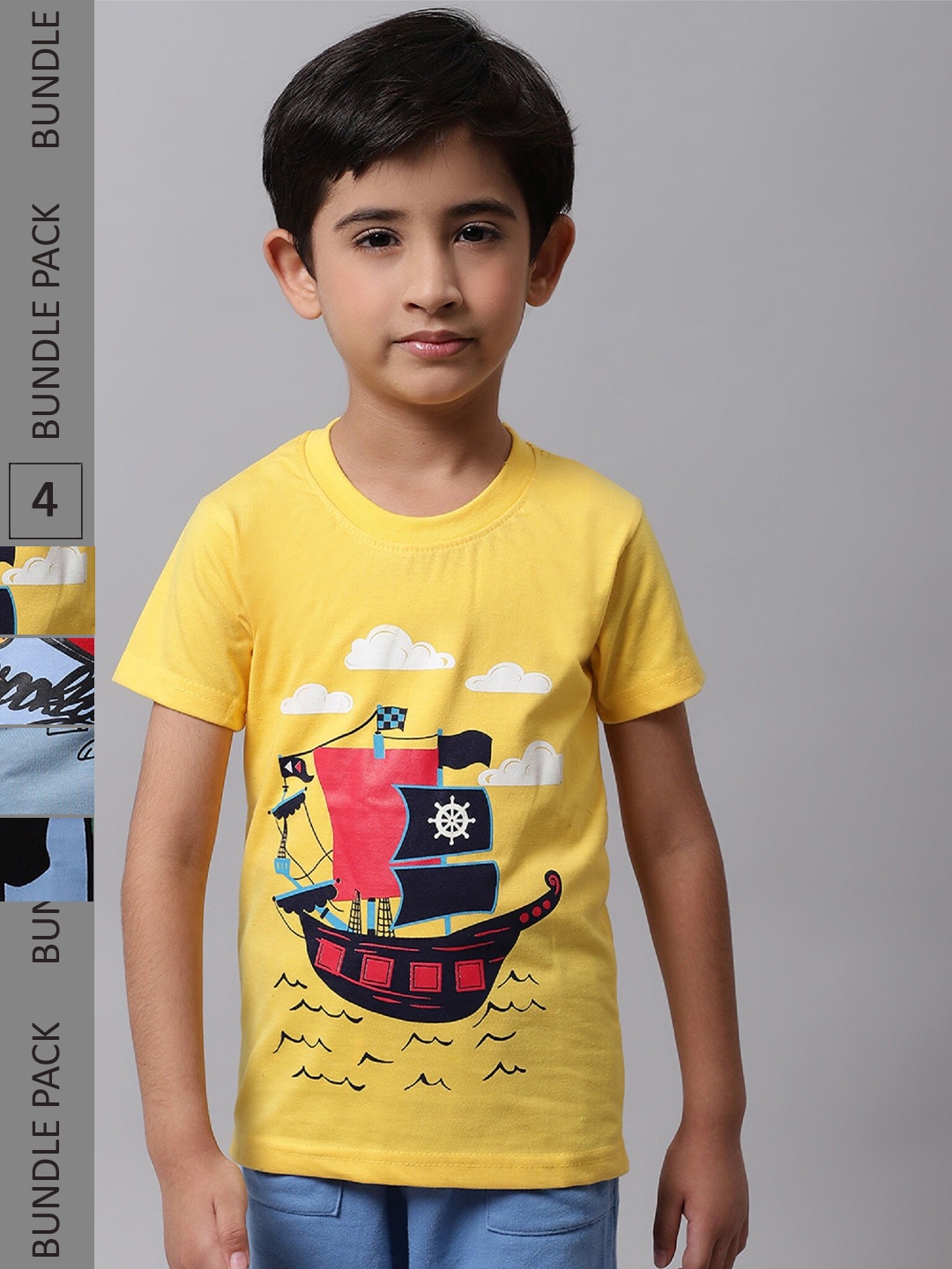 

BAESD Boys Pack Of 4 Graphic Printed Cotton T-shirt, Yellow