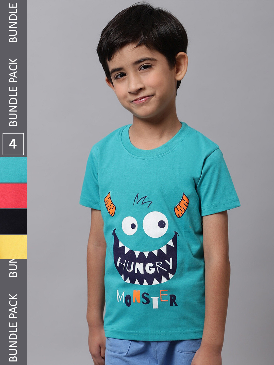 

BAESD Boys Pack Of 4 Graphic Printed Cotton Regular T-shirt, Turquoise blue