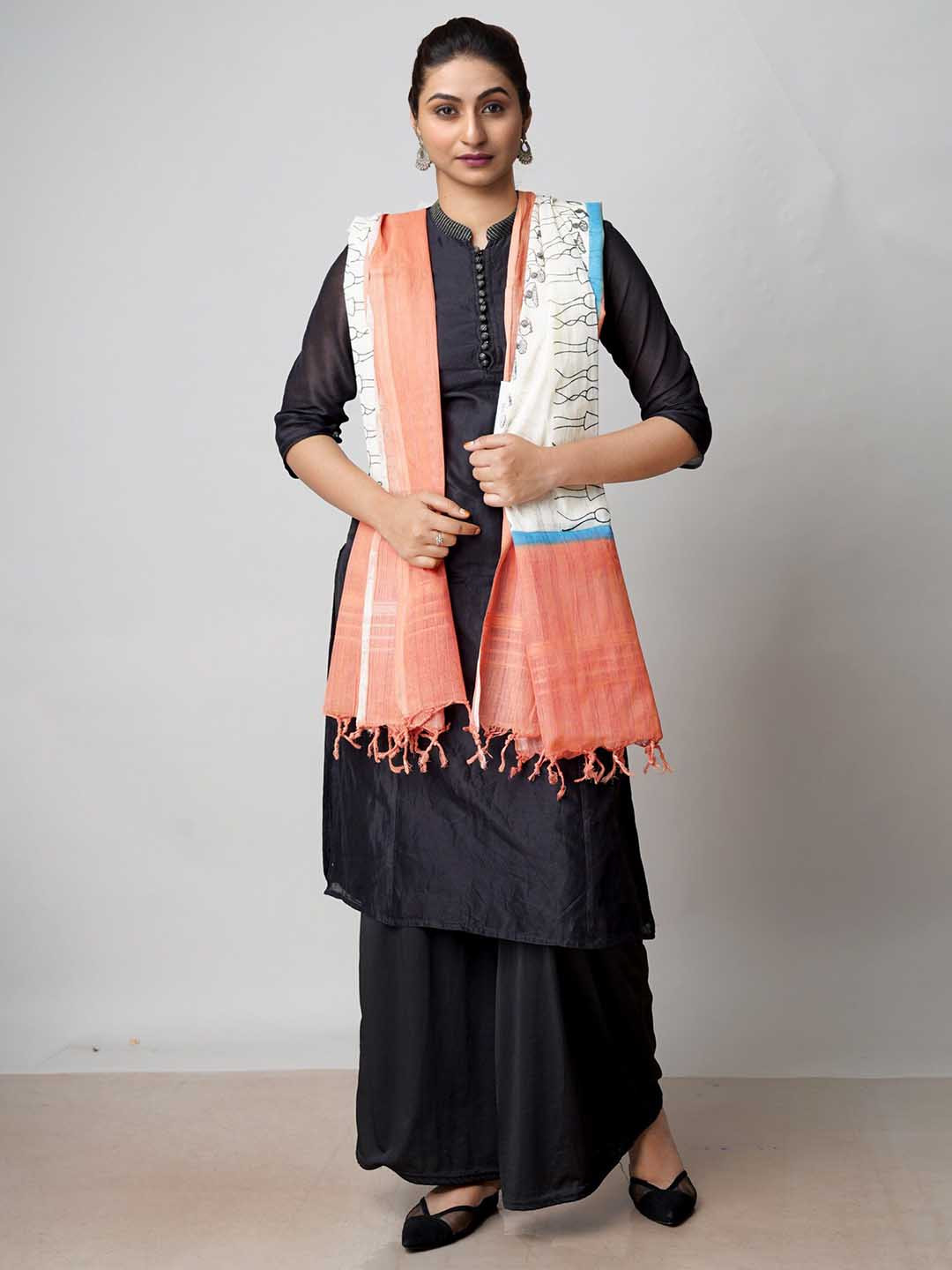 

Unnati Silks Ethnic Motifs Block Printed Pure Cotton Dupatta, Cream