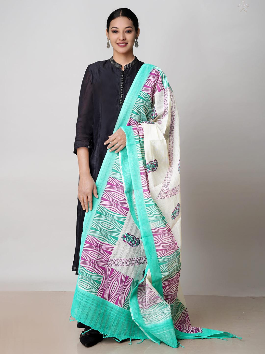 

Unnati Silks Ethnic Motifs Block Print Pure Cotton Dupatta, Cream