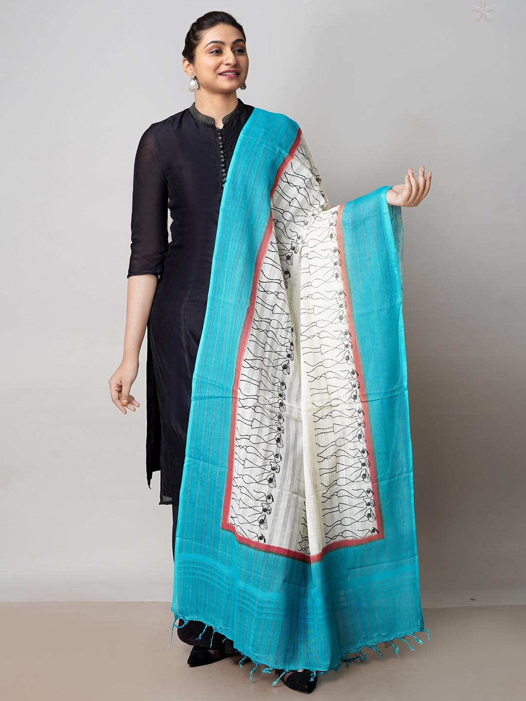 

Unnati Silks Ethnic Motifs Block Print Pure Cotton Dupatta, Cream