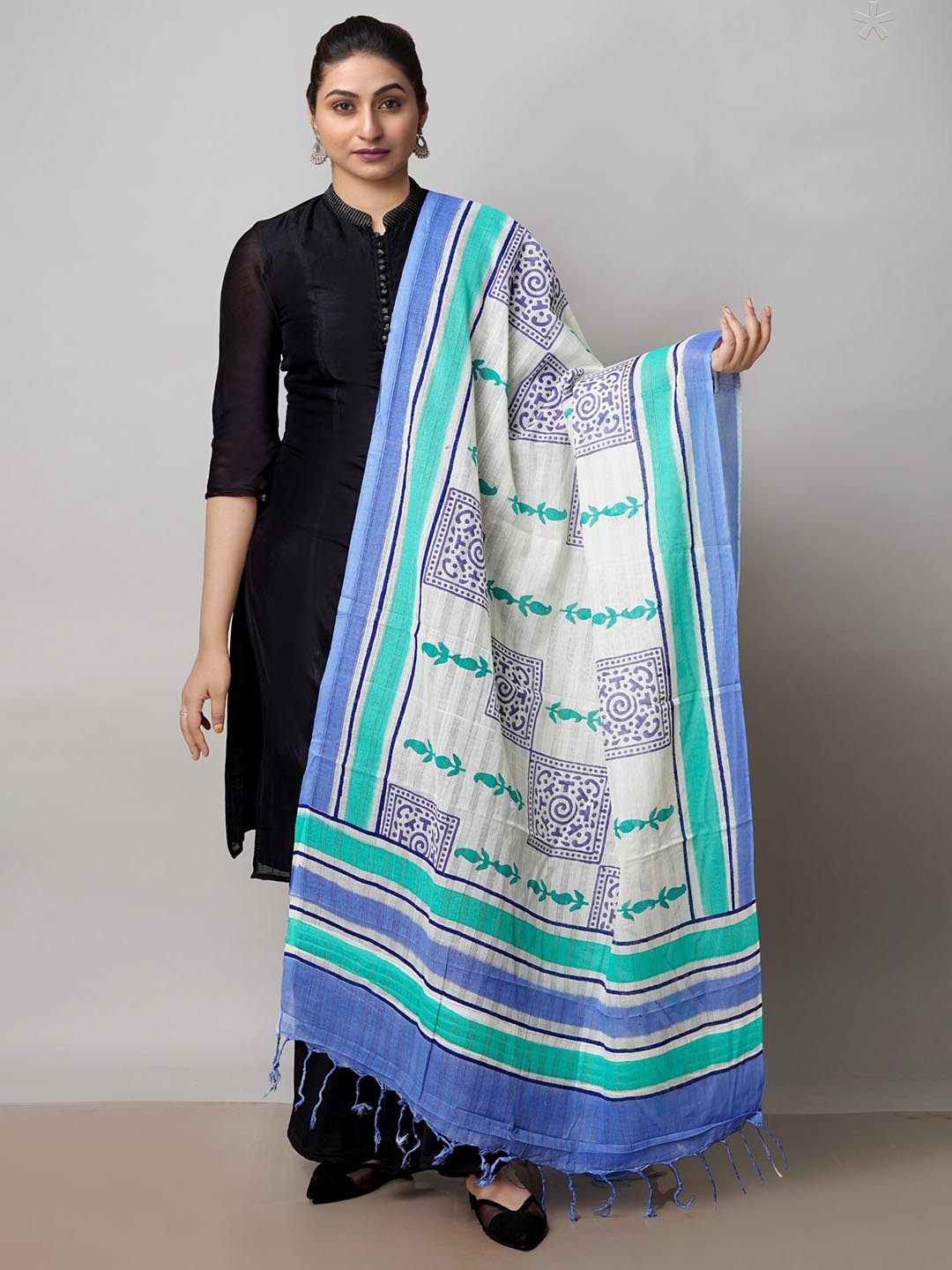 

Unnati Silks Ethnic Motifs Block Printed Pure Cotton Tasselled Border Dupatta, Cream
