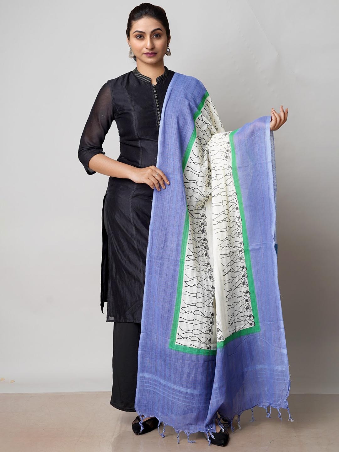 

Unnati Silks Ethnic Motifs Block Printed Pure Cotton Tasselled Border Dupatta, Cream