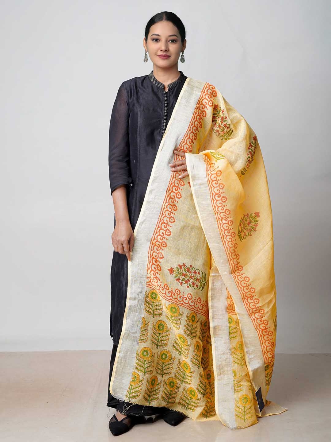 

Unnati Silks Ethnic Motifs Block Printed Pure Cotton Dupatta With Zari, Orange