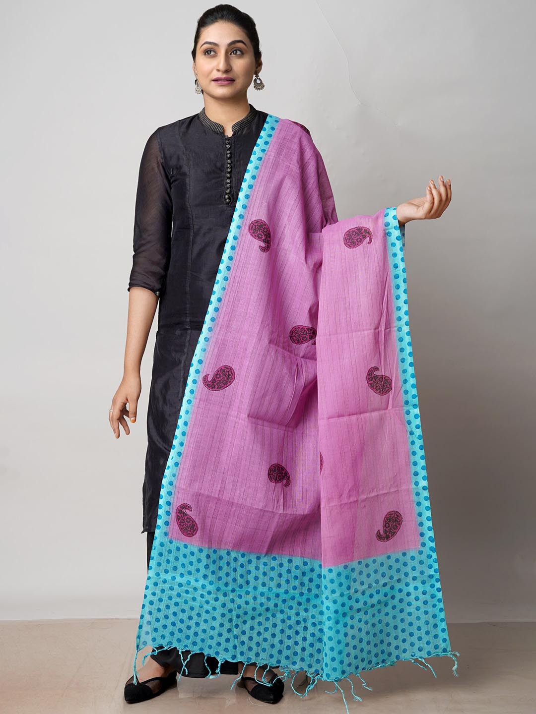 

Unnati Silks Paisley Block Printed Pure Cotton Dupatta, Purple