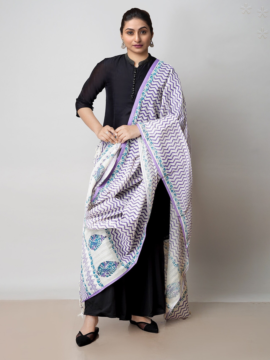 

Unnati Silks Ethnic Motifs Block Print Pure Cotton Dupatta, Cream