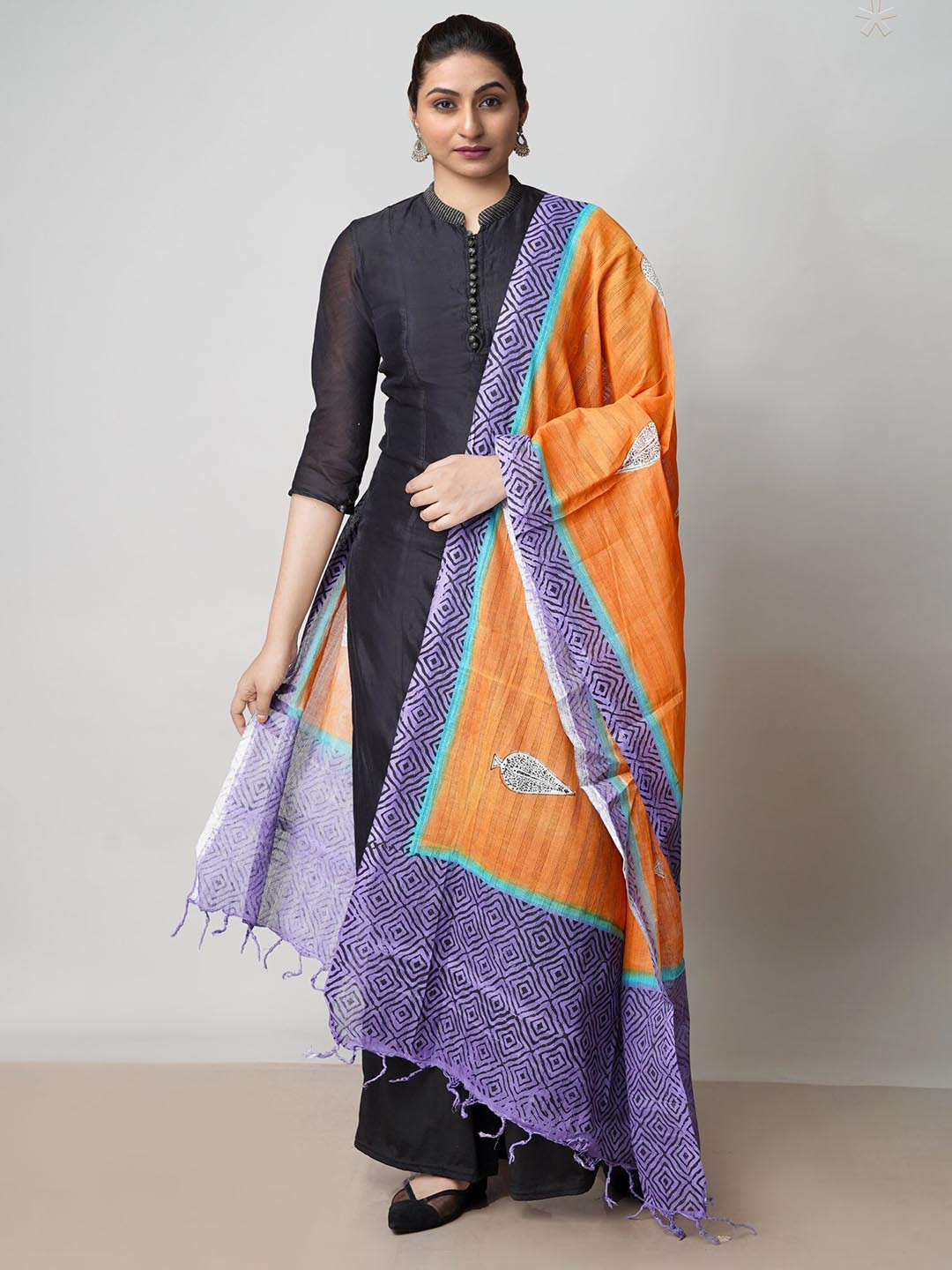 

Unnati Silks Ethnic Motifs Block Print Pure Cotton Dupatta, Orange