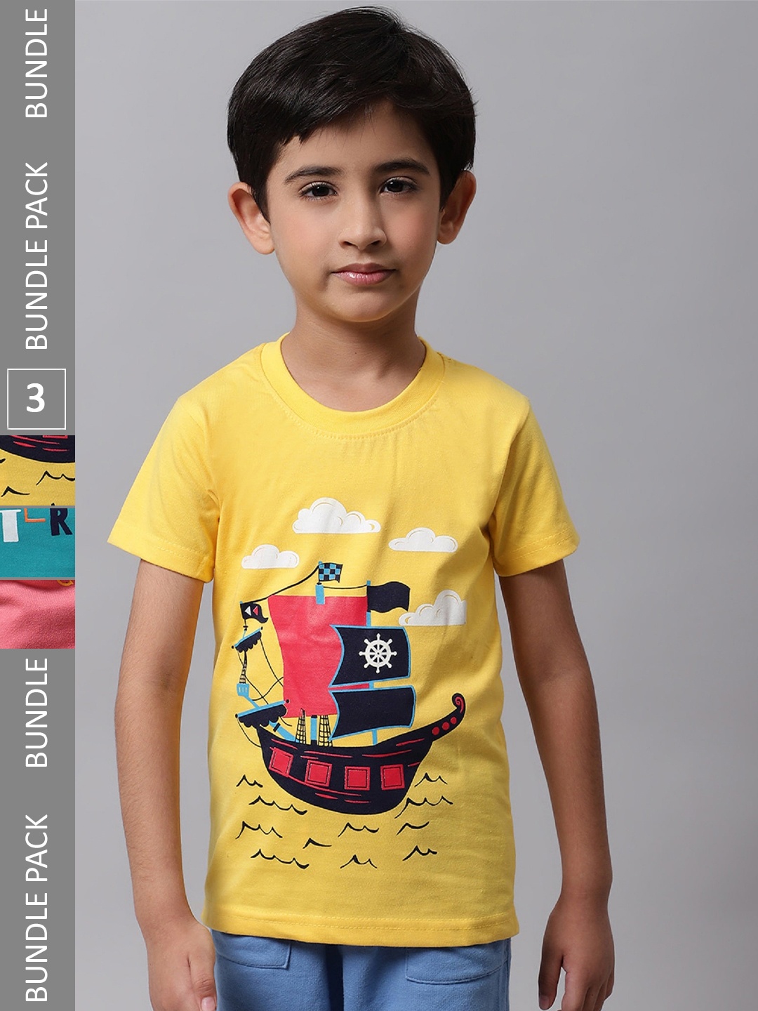 

BAESD Boys Pack Of 3 Graphic Printed Cotton T-Shirts, Yellow