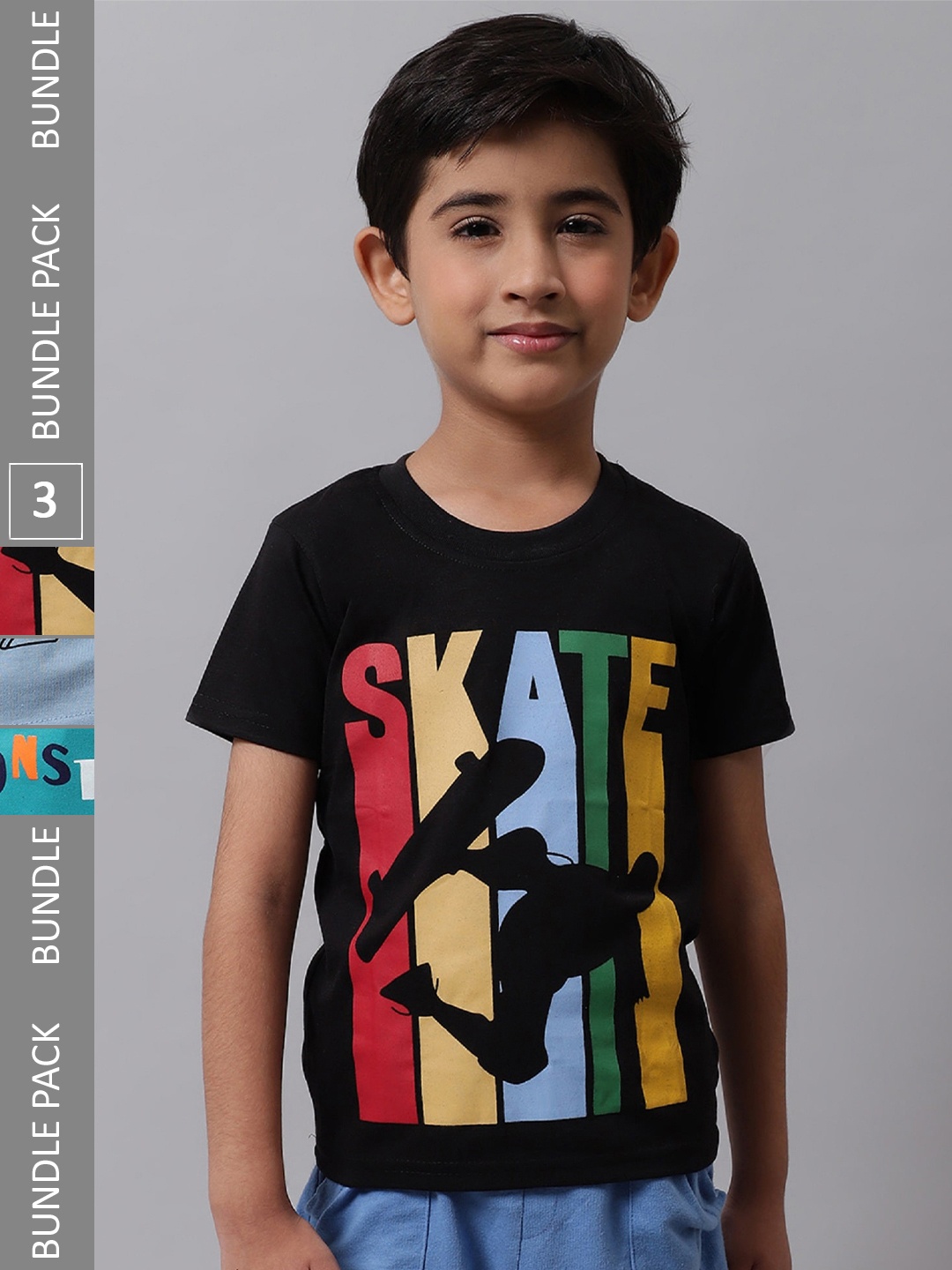 

BAESD Boys Pack of 3 Graphic Printed Cotton T-shirts, Black
