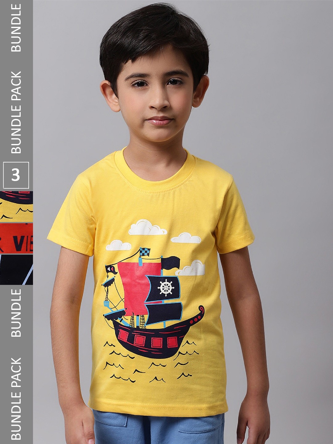 

BAESD Boys Pack Of 3 Graphic Printed Cotton T-Shirts, Yellow