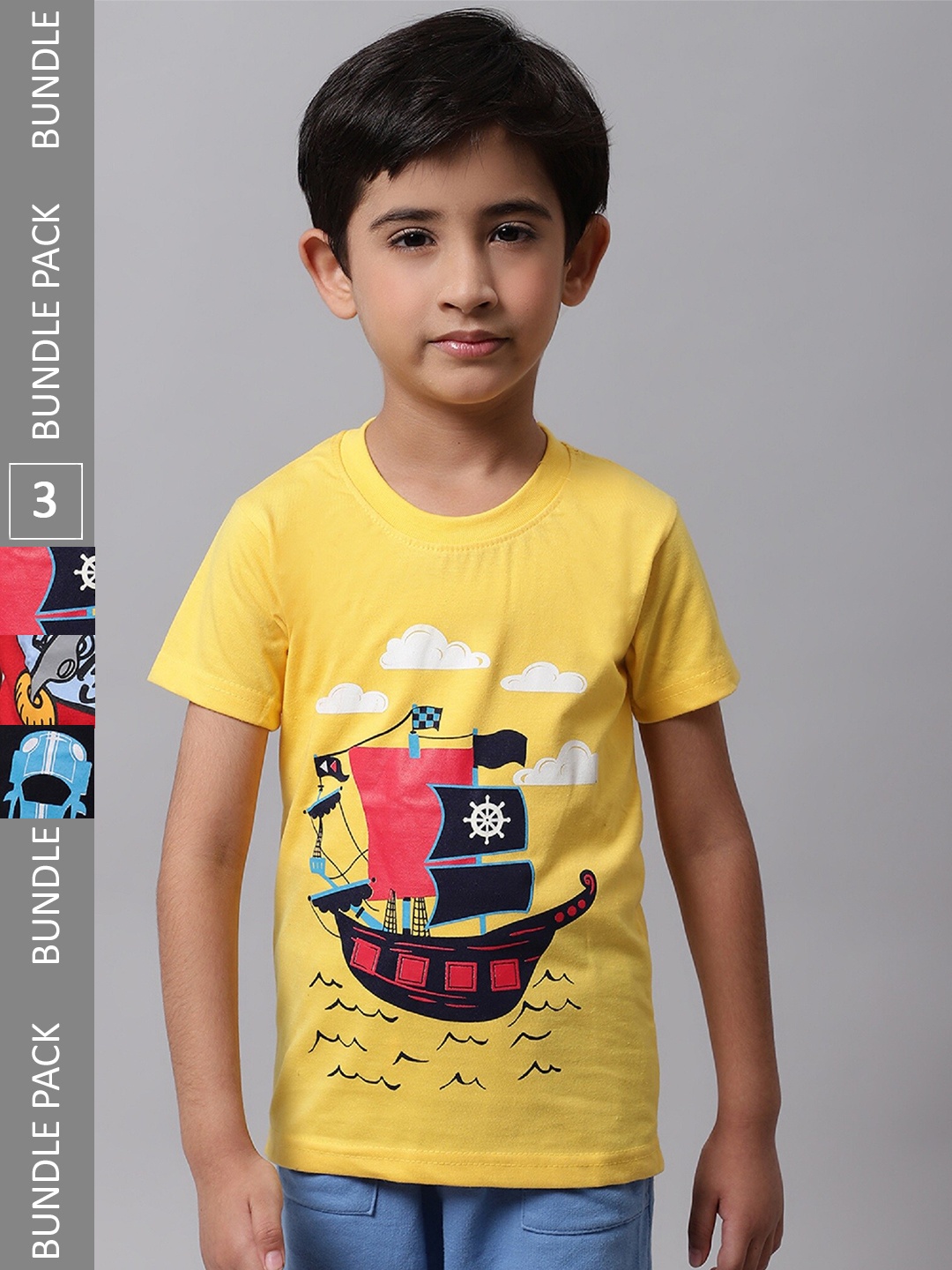 

BAESD Boys Pack Of 3 Graphic Printed Cotton T-shirt, Yellow